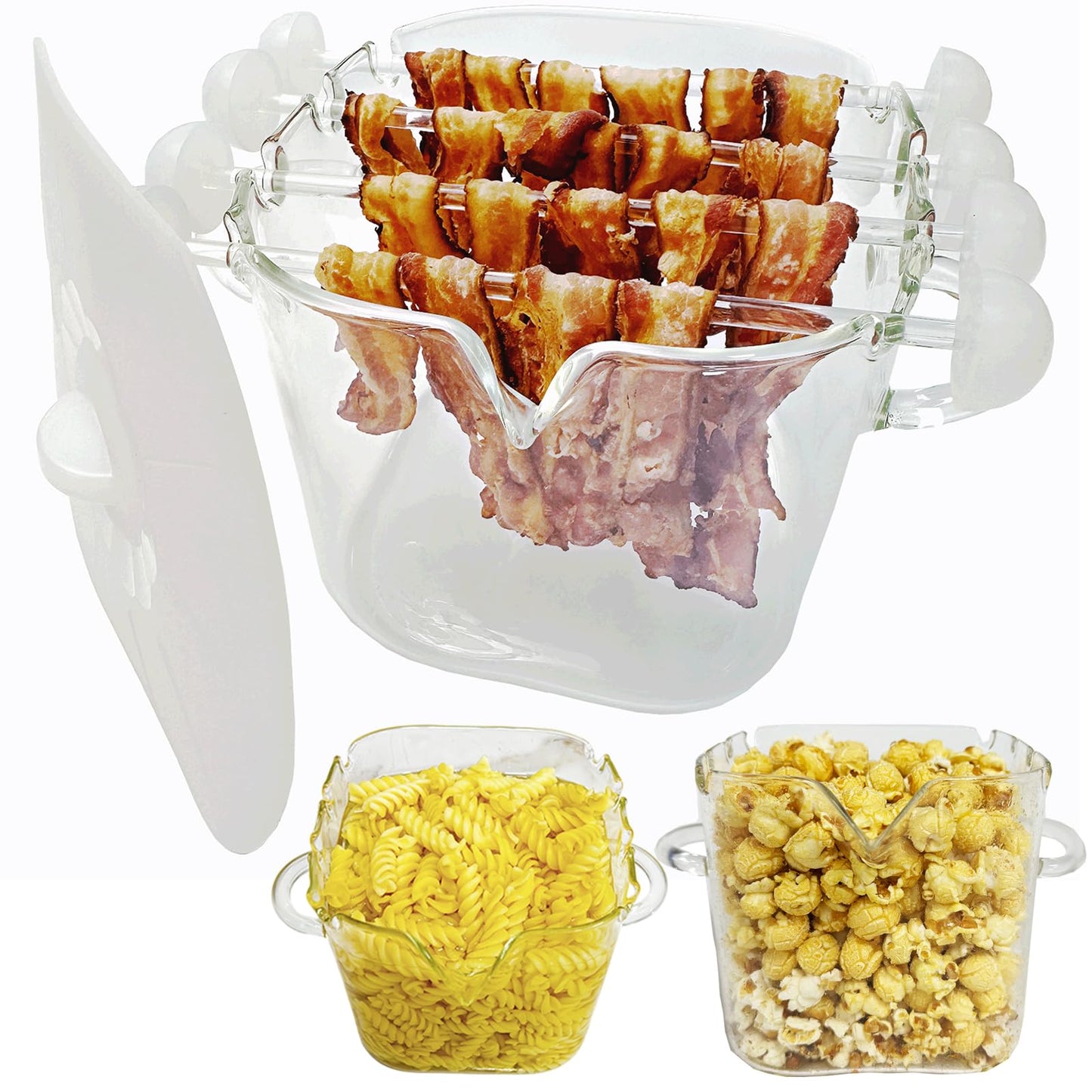 Glass Microwave Bacon Cooker, Microwave Popcorn Popper, 100oz Glass jar with Silicone Lid, Ramen Noodle Bowl and Vegetable Steamer, with Removable Glass skewer, Make 16pcs bacon one time