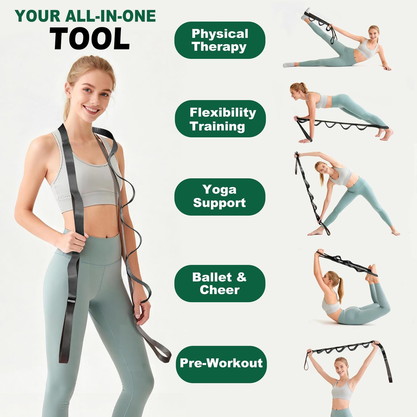 Acozycoo Stretching Strap with 10 Loops – Non-Elastic Yoga Strap for Physical Therapy, Knee Replacement Recovery & Plantar Fasciitis – Leg Stretcher Band for Flexibility & Hamstring Rehab（Black)