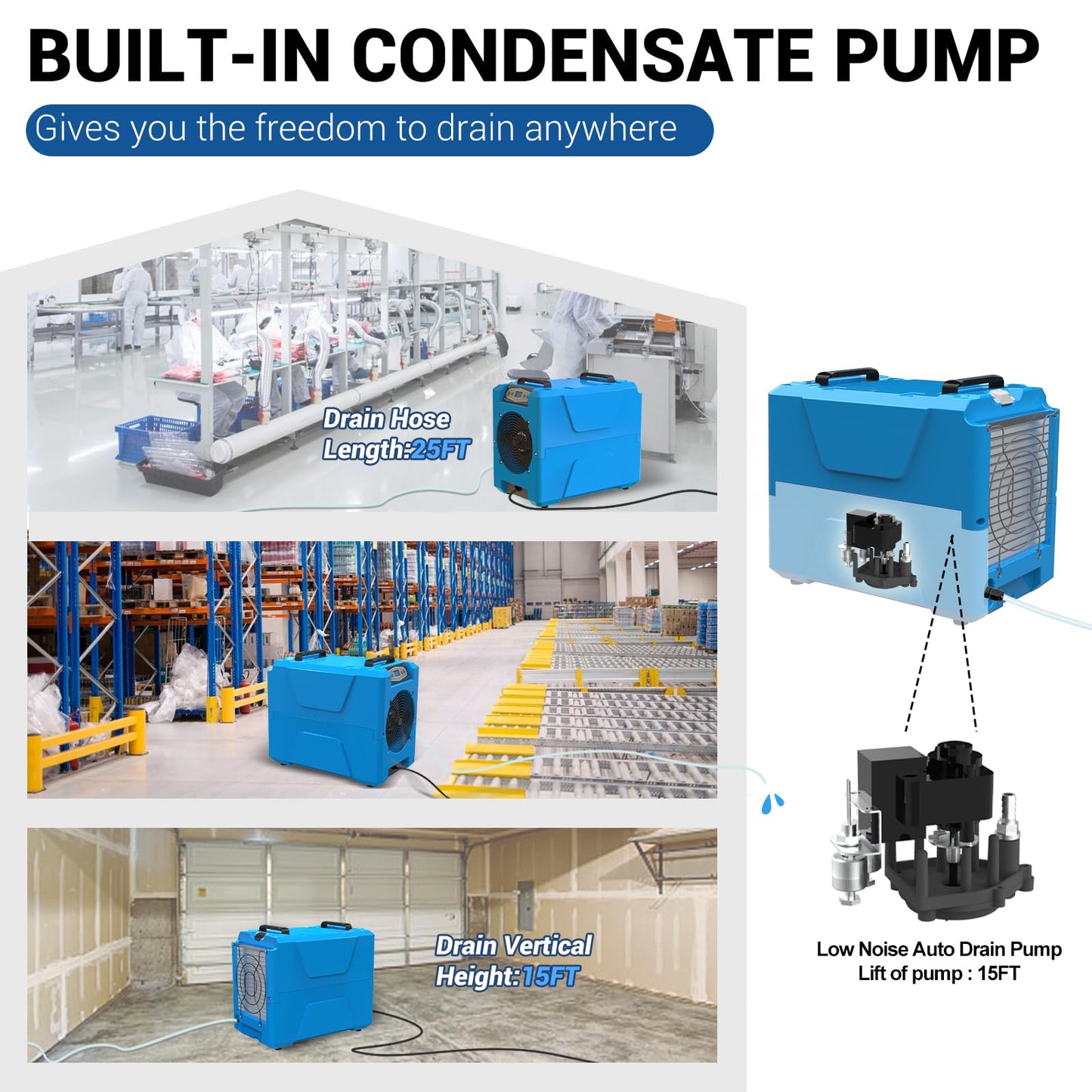 MOUNTO Commercial Dehumidifier, 150 Pint High-Capacity, Includes Pump Drain Hose for Water Damage Restoration, Ideal for Basements, Warehouses & Job Sites