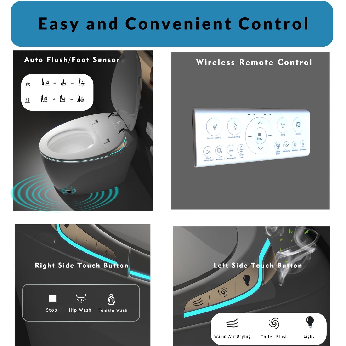 Unique Smart Toilet with Bidet Built In, Intelligent One Piece Toilet For Modern Bathroom, Auto Open/Close Seat, Foot Sensor, LED Display,Night Light, Warm Water & Dryer (Black)