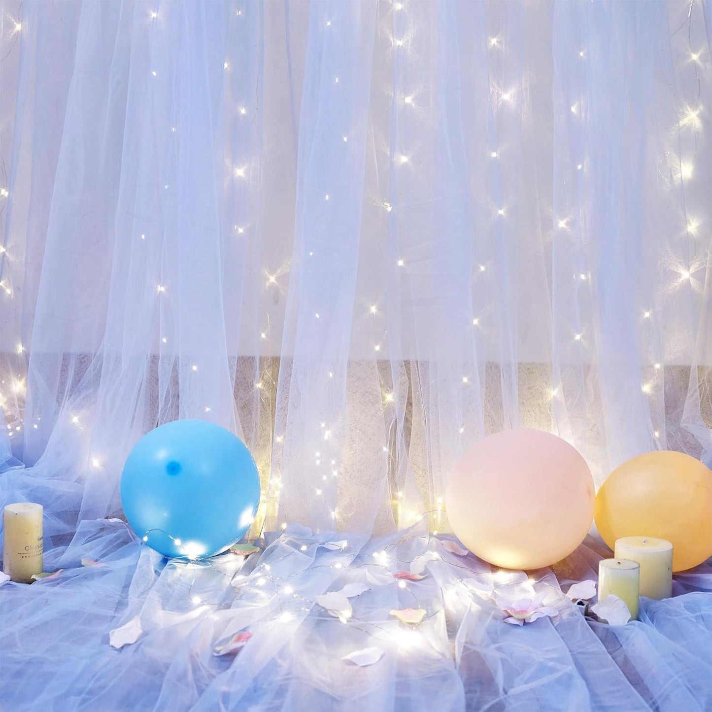 1015ft 2 515ft Baby Blue Sheer Tulle Backdrop Curtains with Lights String for Parties Baby Shower Decorations for Boy