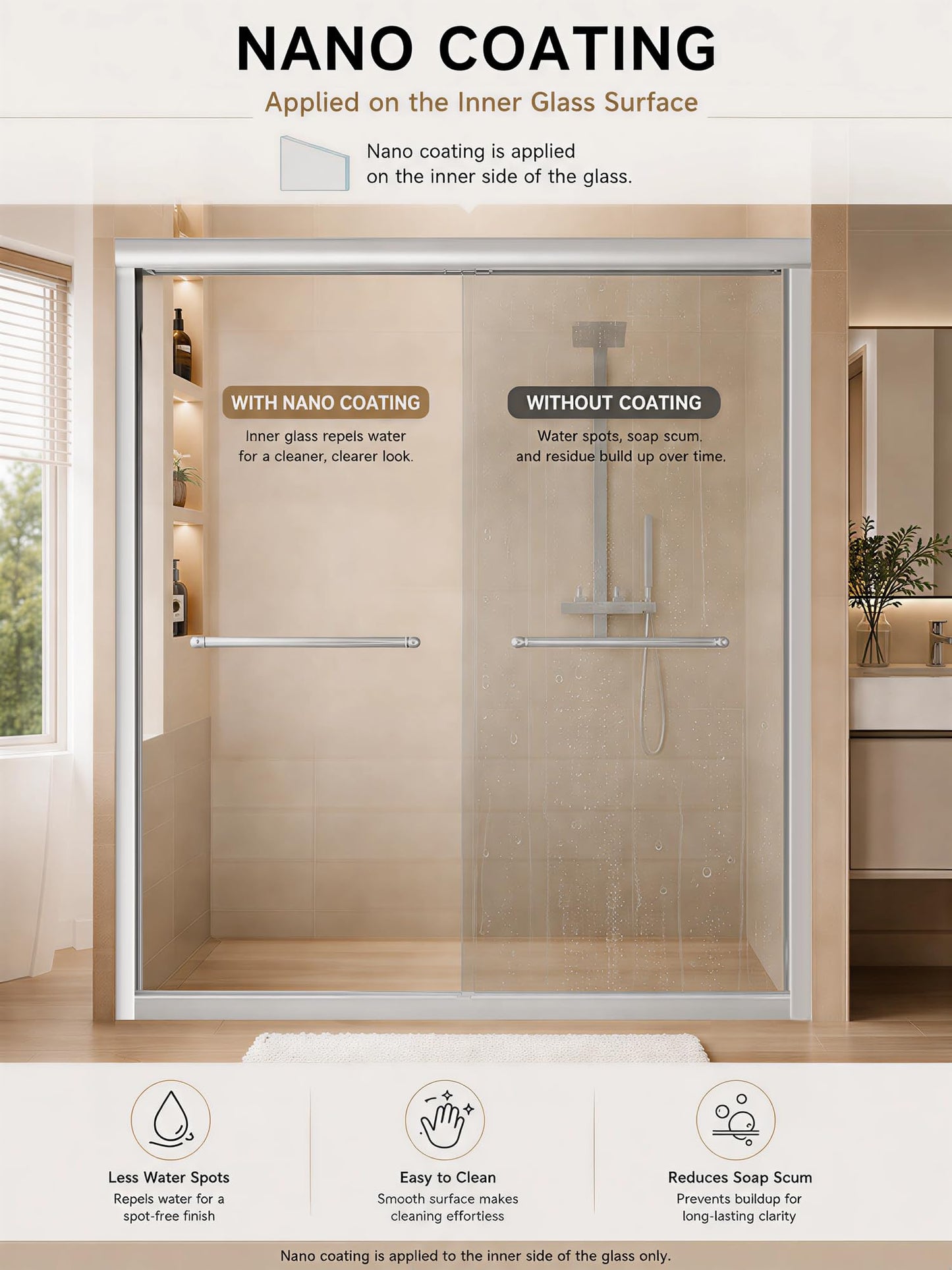 Semi-Frameless Sliding Glass Shower Door 56-60 in. W x 72 in. H, Chrome Frame, 1/4 in. Clear Tempered Glass, Bypass Shower Door, Reversible Shower Doors for Walk-in Bathroom