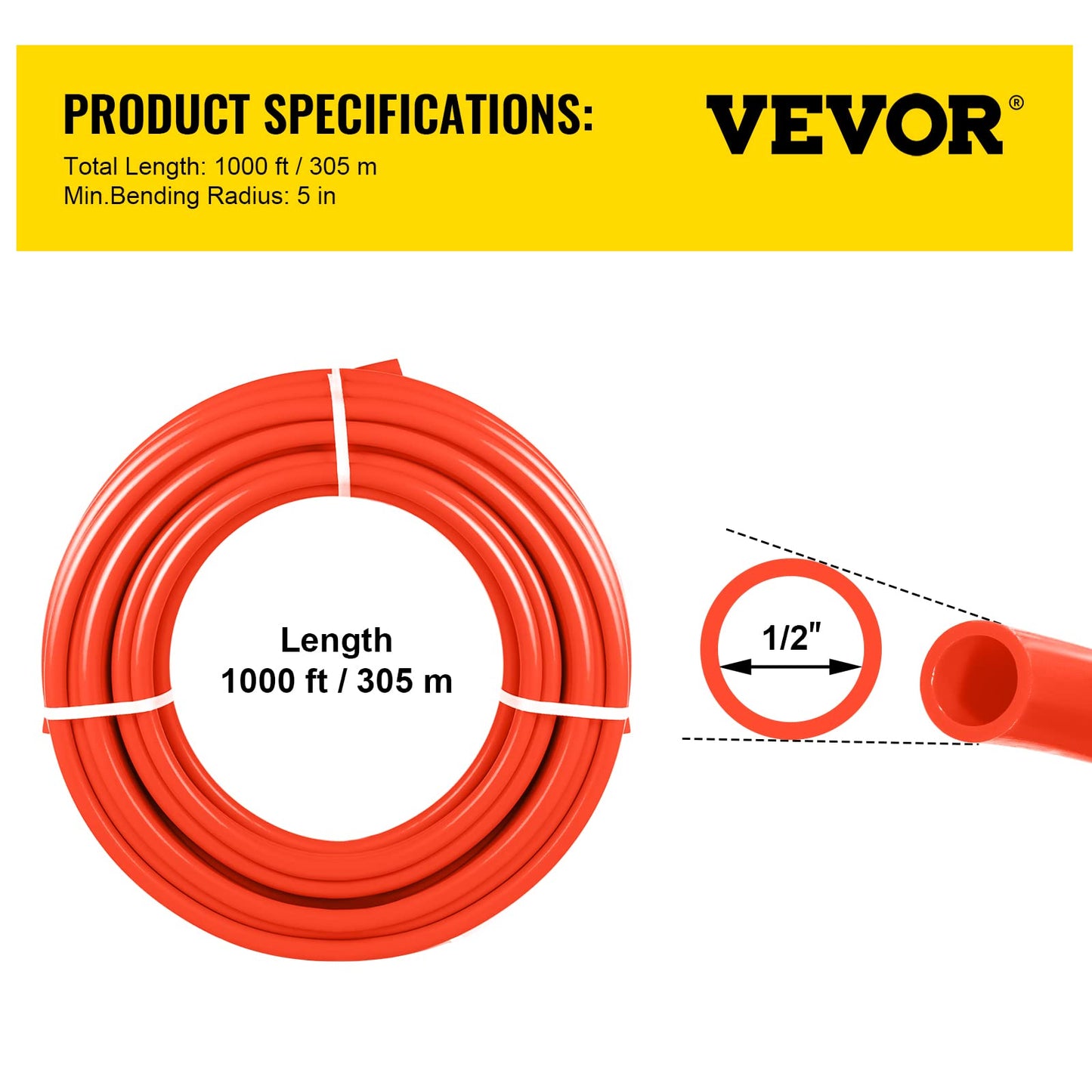 VEVOR PEX-B Pipe 1/2 Inch x 1000 Feet,Oxygen Barrier Flexible Pipe Tubing,Red for Hydronic Radiant EVOH Floor Heating, Water Plumbing Applications with Cutter& Clamps