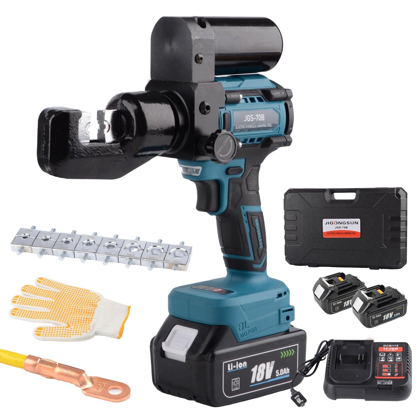 JIGONGSUN Electric Hydraulic Crimping Tool, 8-Ton Hydraulic Battery Cable Crimper Kit with 9 Dies for 12AWG-2/0AWG, for Crimping Lugs