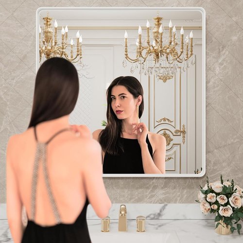 LOAAO White Metal Framed Bathroom Mirror - 30x30 Inch Large Rounded Rectangle, Anti-Rust, Tempered Glass