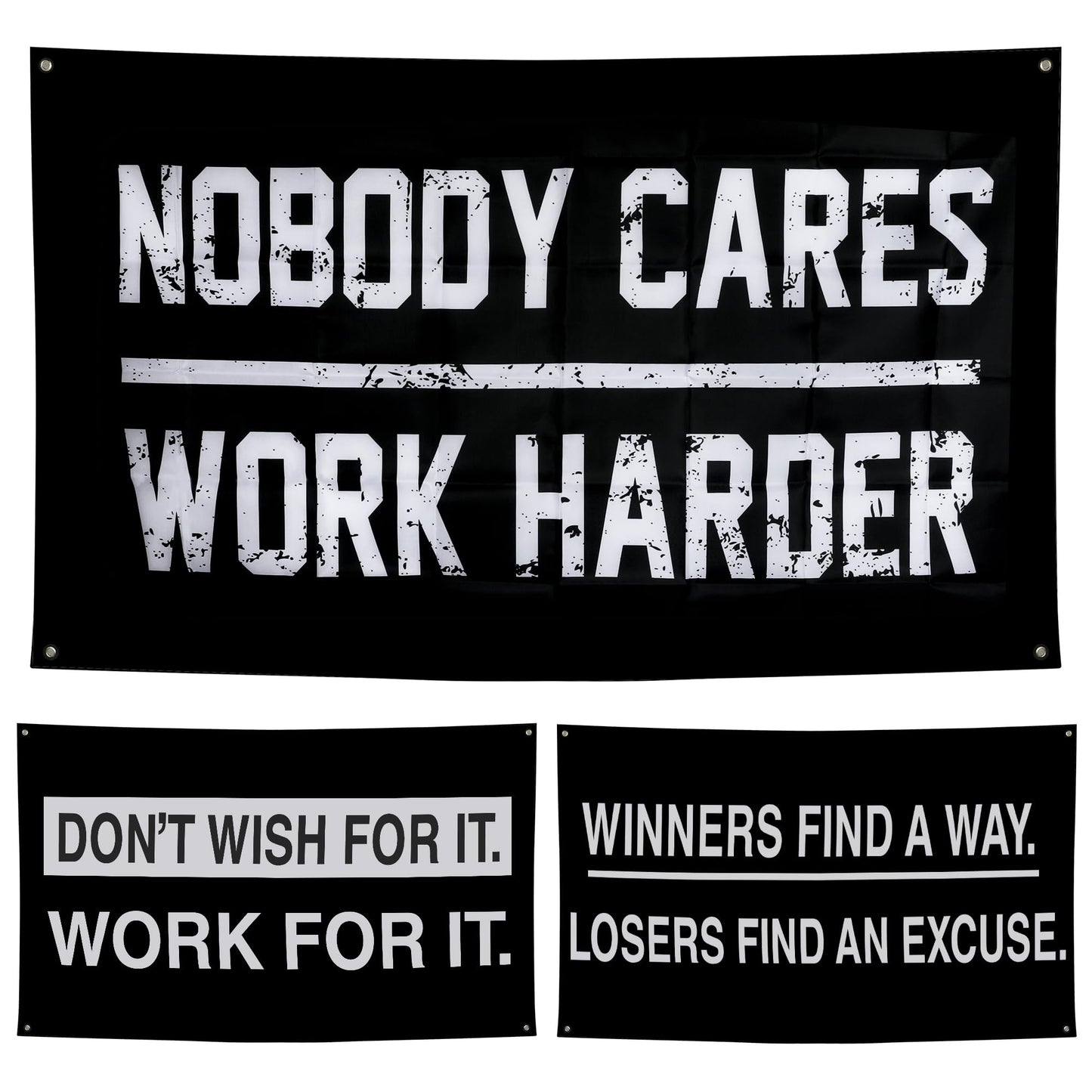 Nobody Cares Work Harder Motivational Banners Kit Three Different Incentive Flags for Gym Office Garage Decor Indoor/Outdoor Poster Style Banner with 4 Grommets - Heavy-Duty 13oz Vinyl(3 x 5 FT)