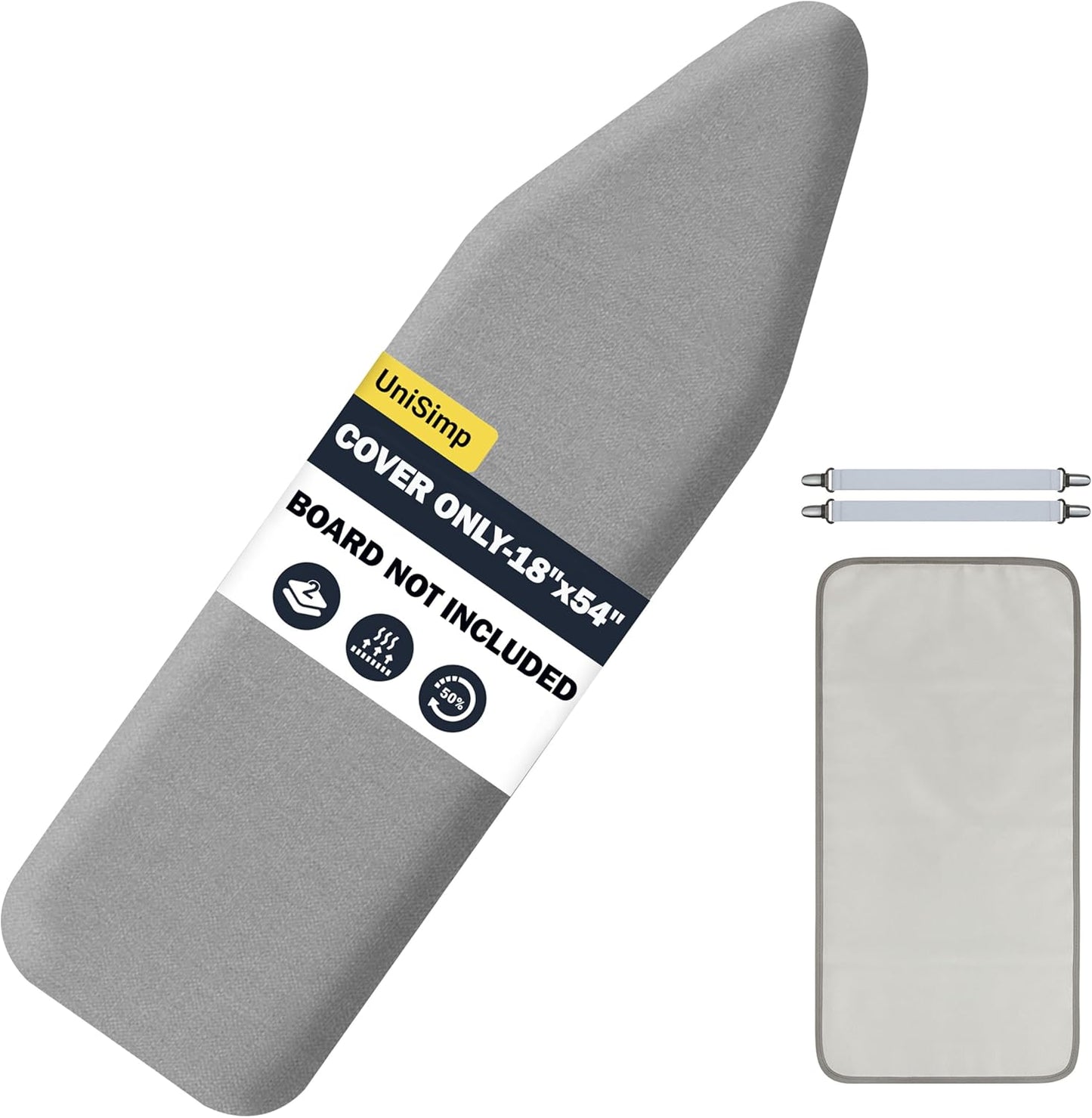 UniSimp Ironing Board Cover - Extra Thick Natural Cotton, Scorch & Stain Resistant | 18"x54" Gray