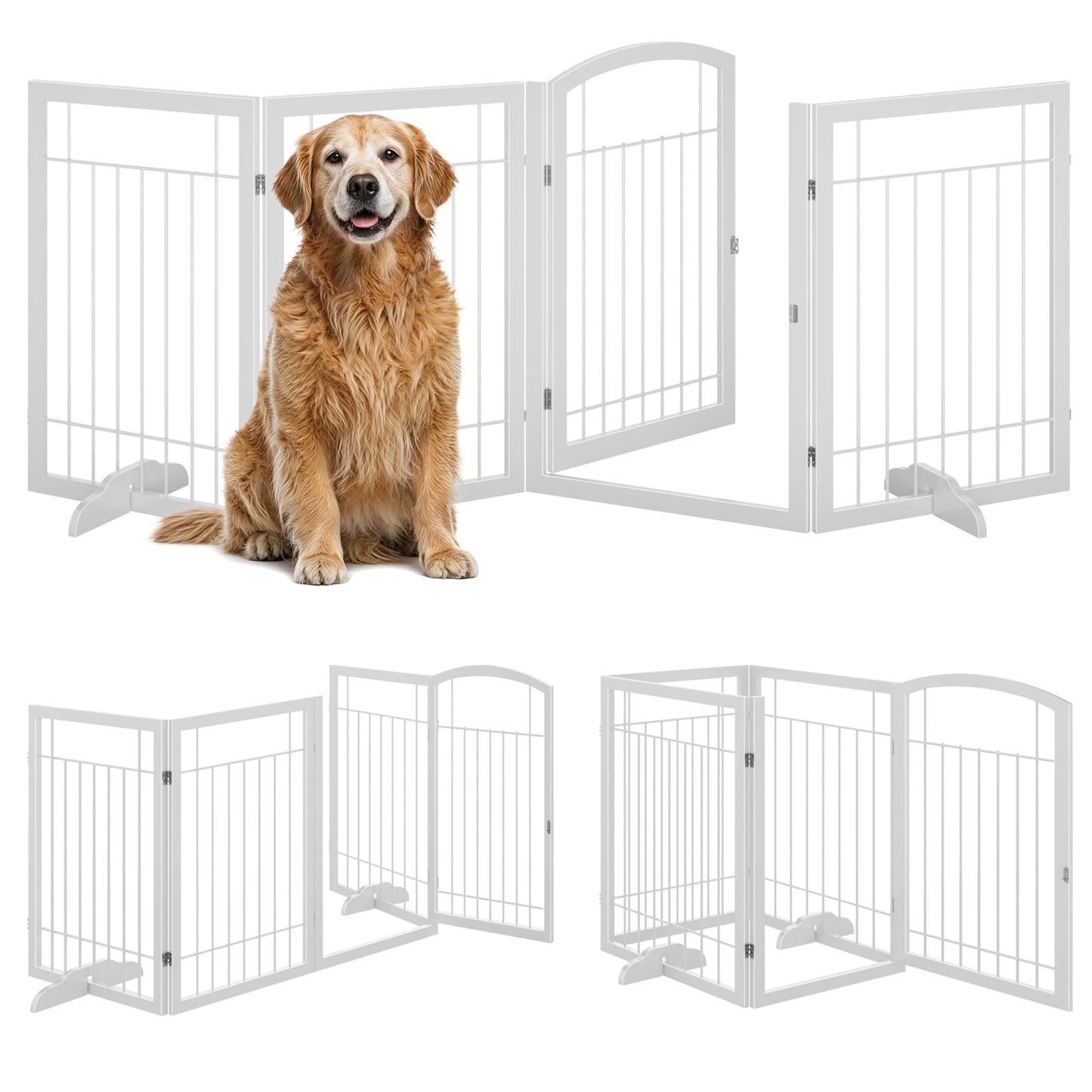 Vantas Folding Pet Gate 96" Wide, 30" Tall No-Assembly Metal Dog Gate with Door Walk Through, Freestanding Wire Pet Puppy Safety Fence, with 2PCS Support - White
