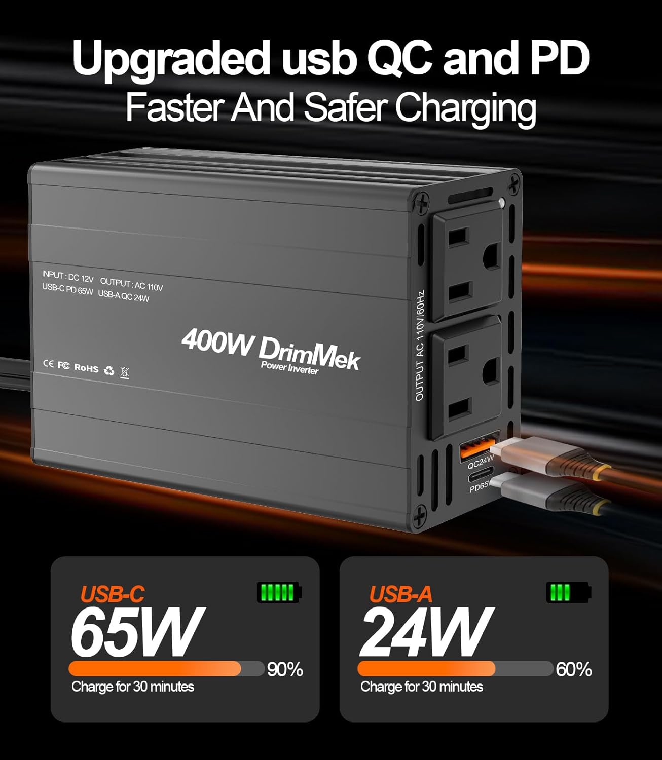 DrimMek 400W 12V 110V 65W 24W Car Power Inverter - Dual DC to AC Car Plug Adapter Outlets, Fast Charging USB C & Port