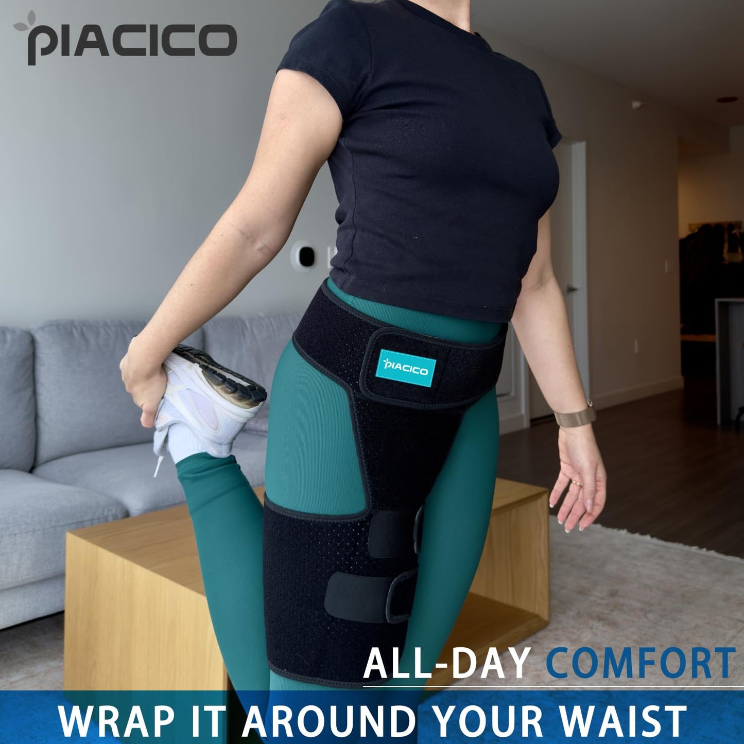 Piacico Hip Brace for Men & Women - Sciatica Pain Relief Devices, Adjustable Compression Support Wrap for Thigh Injury, Groin, Hamstring, Joints, Hip Pain, Improved Mobility & Recovery (Black Left)