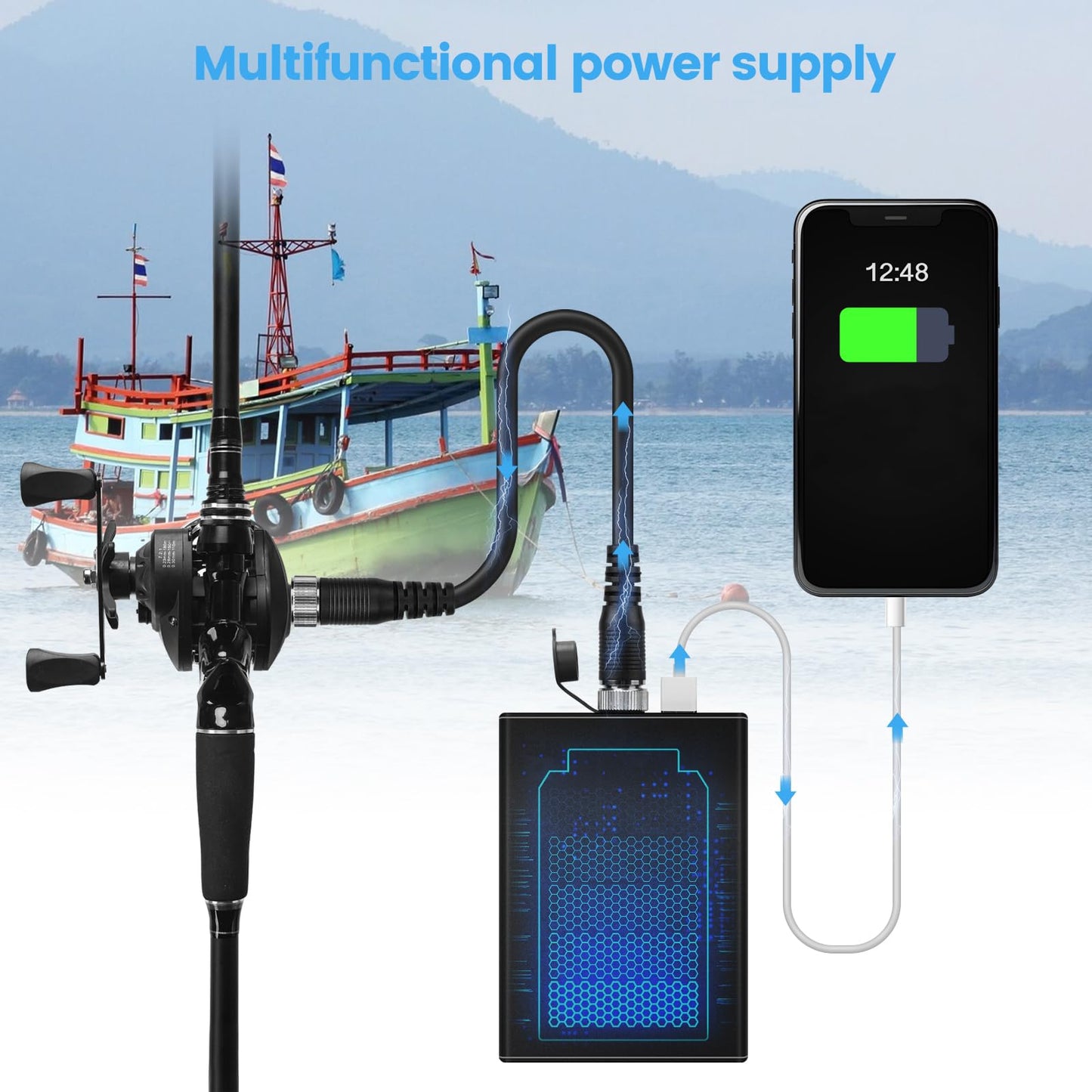 10000mAh Electric Fishing Reel Battery Charger Pack Compatible with Daiwa Tanacom 1200 1000 Seaborg 800MJ Shimano Beastmaster Forcemaster Plemio Plays with 3 Power Cord Cable & Crossbody Storage Bag