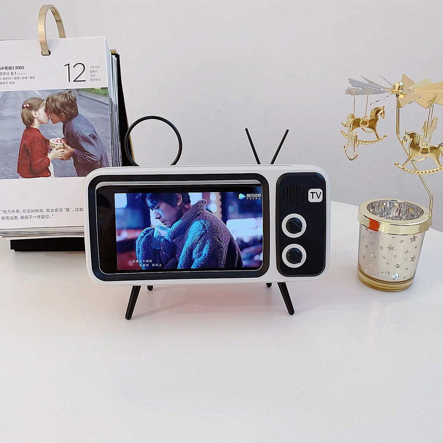 UnnFiko Retro TV Style Desk Mount - Universal Holder for iPhone and Samsung Devices (TV Gray)