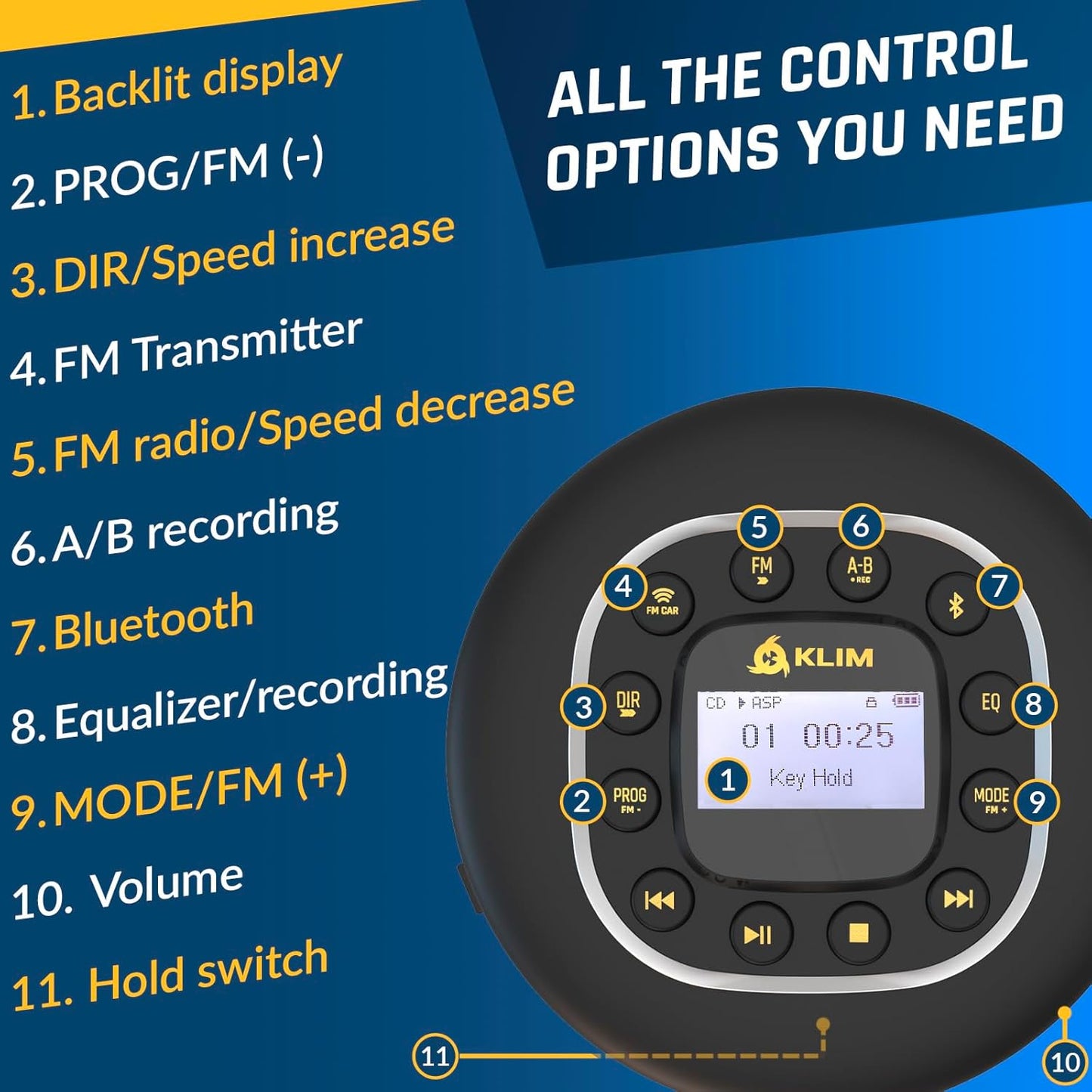 KLIM MP3 Journey - Portable CD Player Walkman with Long-Lasting Battery - New - with Headphones - Radio FM - Compatible