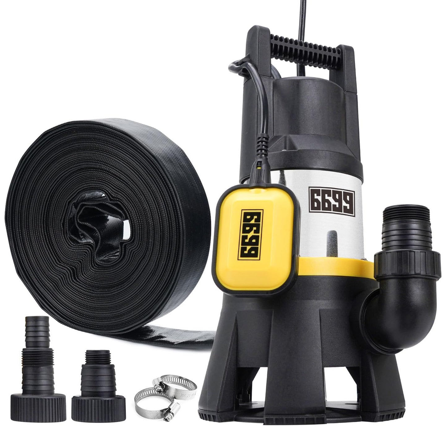 6699 Sump Pump Submersible and 1-1/2” ID x 50FT Pool Hose Kit for Flooded House Sump Pit Pond Remove Water