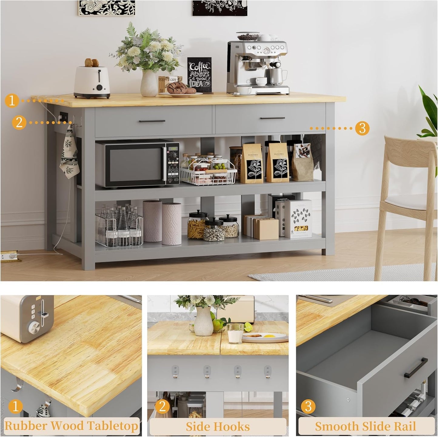 DynJest 47.3" Solid Rubberwood Kitchen Island with Power Outlets - Extra Large Work Surface, 2 Drawers & Open Shelves Storage Cabinet for Kitchen Dining Room, Farmhouse Style (Grey)