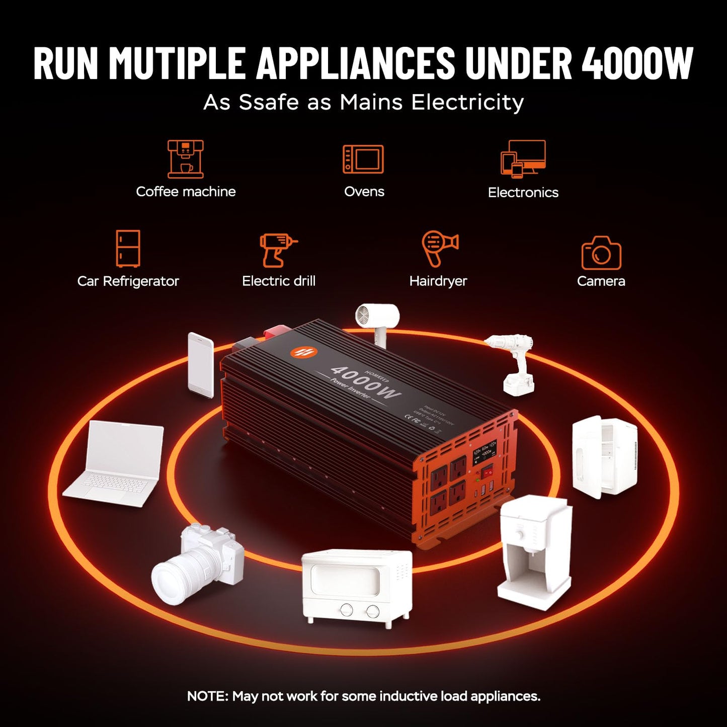 4000 Watt Power Inverter 12V DC to 110V/120V AC Converter Peak Power 8000W Car Inverter with LCD Display 4 AC Outlets, 2 USB & Type-C Port for RV,Truck,Off-Grid Solar System with Remote Controller