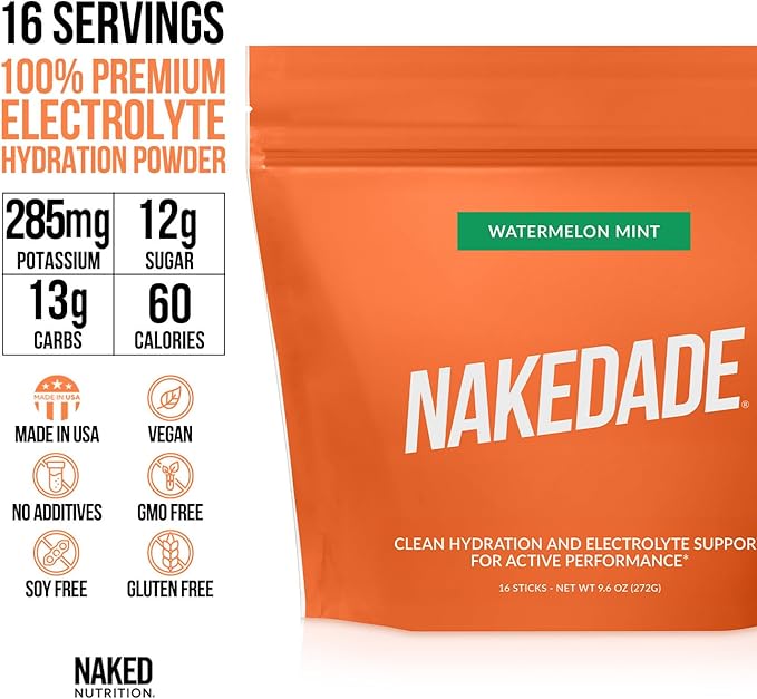 Nakedade Watermelon Mint ??Performance Enhancing Sports Drink Powder - Electrolyte Powder ??No GMOs or Artificial Sweeteners, Gluten-Free, Soy-Free, Dairy-Free ??16 Sticks