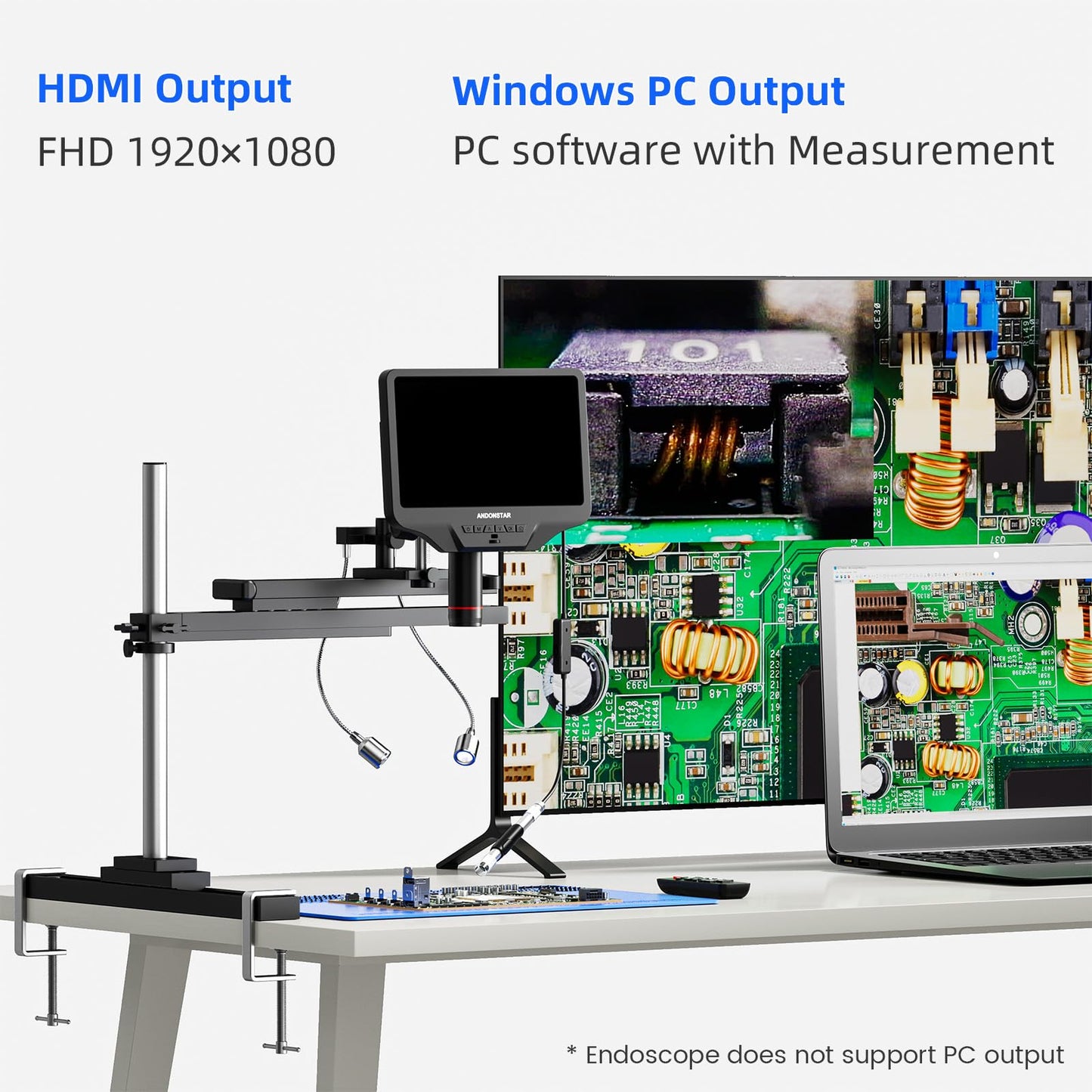 Andonstar AD409 SA 10.1'' HDMI Soldering Digital Microscope with Slide Rail Arm, Endoscope, 300X USB Electronic Microscope Camera for Professional PCB Repair, Soldering, Electronics, Windows PC