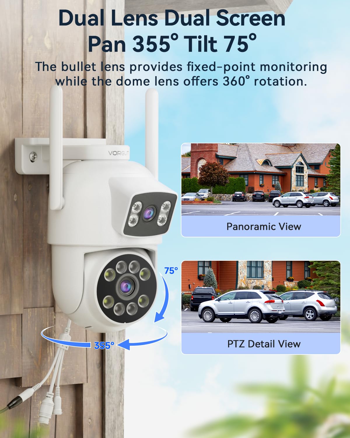 VORGUT Security Camera System Wireless Outdoor with 12" Monitor, 4pcs 2K Dual Lens Cameras for Home & Business Surveillance, 360° PTZ, 2.4G/5G WiFi, Human Detection, Auto Tracking, 16CH NVR, 500G HDD