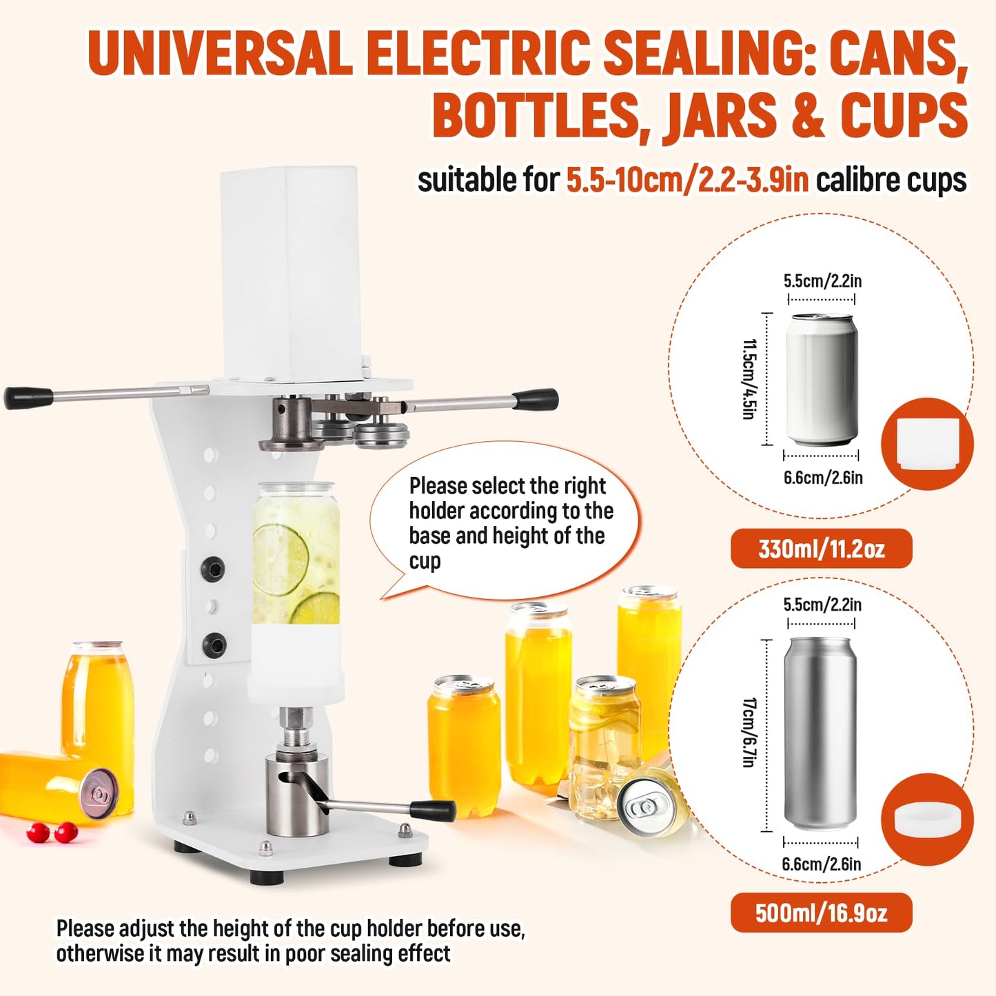 Electric Soda Can Sealer, Manual Press Cap Seamer 2.4-6.7'' Height Adjustable for Plastic/Aluminum/Tin Cans, 2.2-3.9'' Dia Can Sealing Machine for Home Brewing, Milk Tea, Juice Beverage Packaging