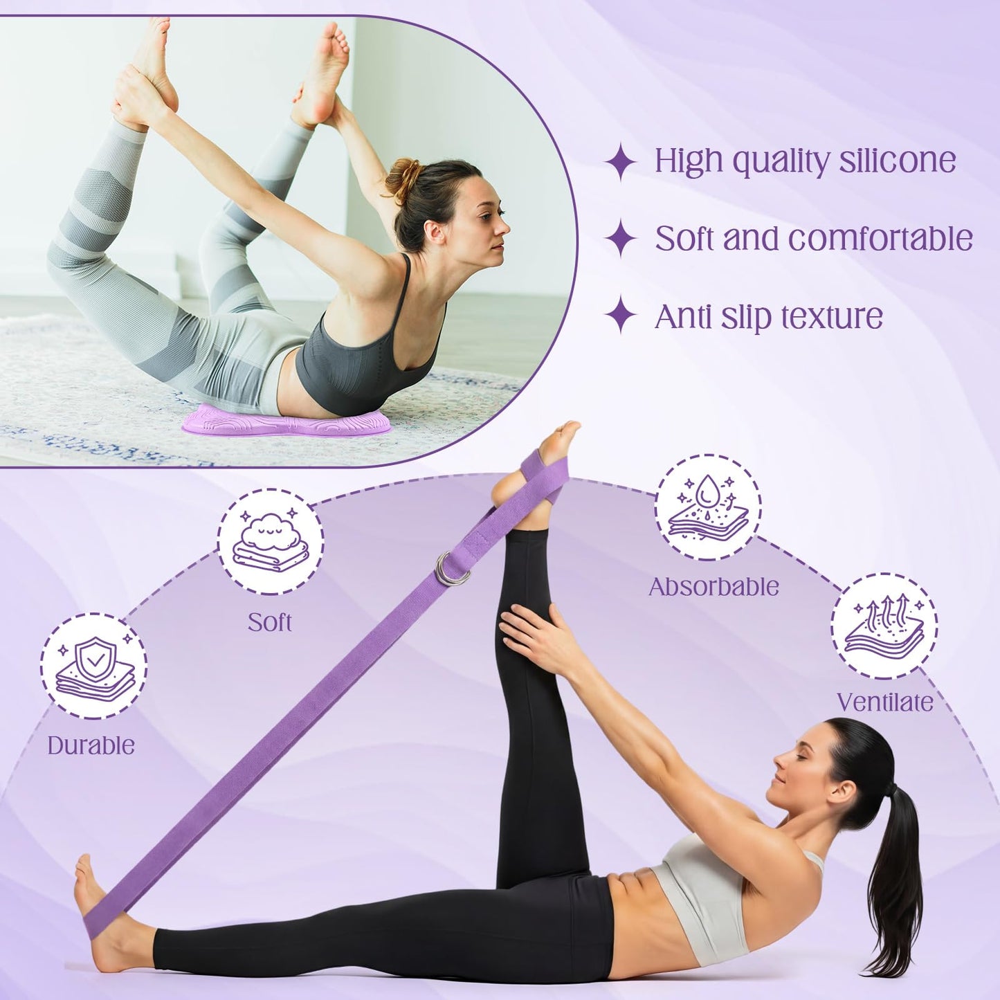 Yoga Blocks 2 Pack for Wrist Relief Yoga Blocks Wrist Support Set with Knee Pads and Strap Improve Comfort and Grip, Nonslip EVA Foam Pilates Exercise Balance Stretching Accessories Meditation(Purple)