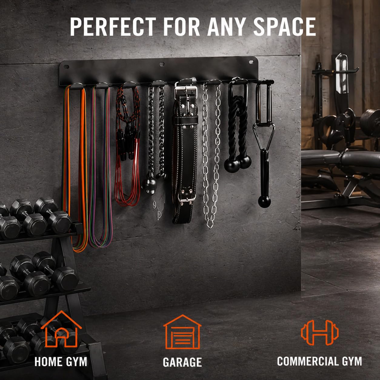 FizLig Gym Equipment Storage Rack - Multi-Purpose Home Gym Organization Storage Wall Mount for Resistance Bands, Jump Ropes, Lifting Belt, Chains, Barbells (16" / 8 Prongs)