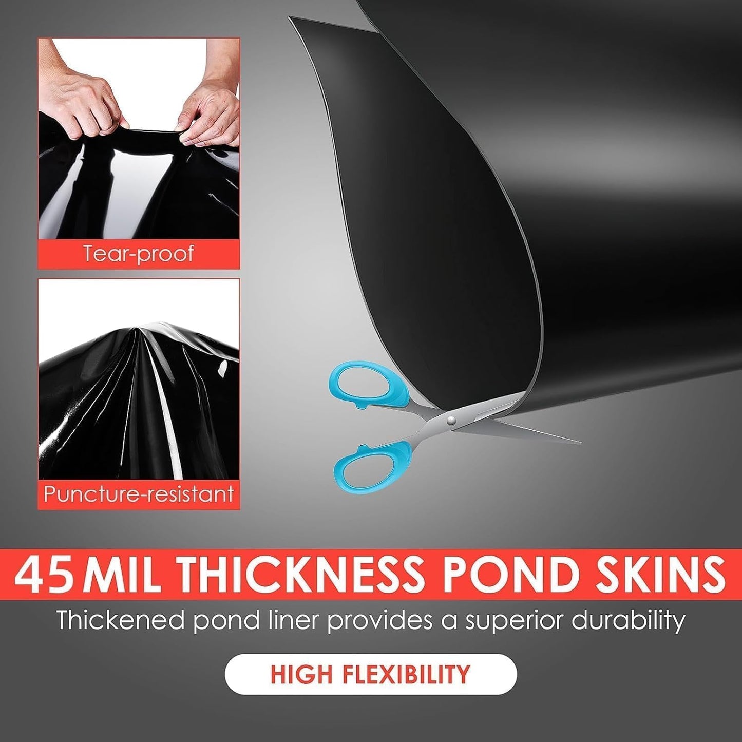 10x10 ft Pond Liner & 45 Mil Thickness, Pliable & Durable EPDM Material, Easy Cutting & UV Resistant, for Fish or Koi, Features, Waterfall Base, Fountains and Water Gardens