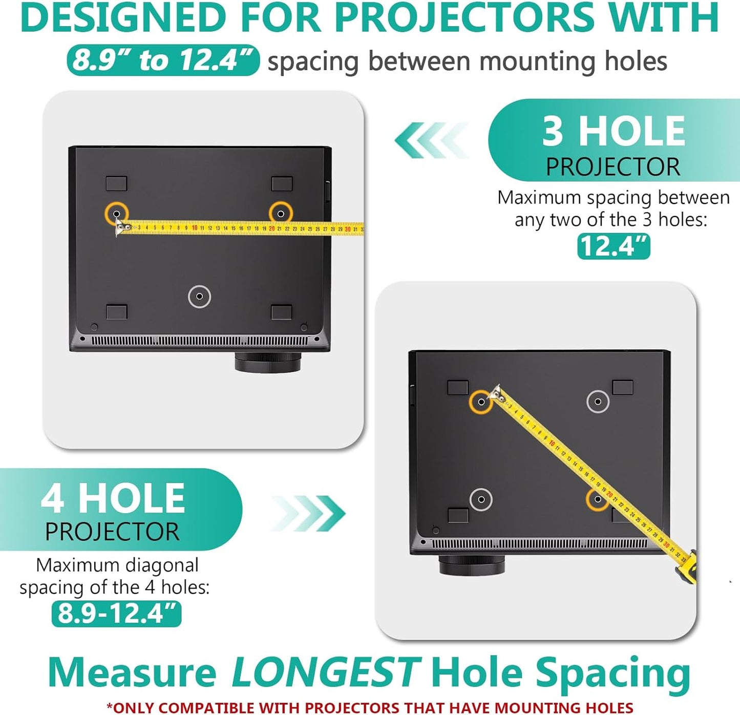 3-in-1 44lbs (PM-003-W), WALI Projector Mount Ceiling/Wall - Universal Bracket with Extension Pole, Height Adjustable