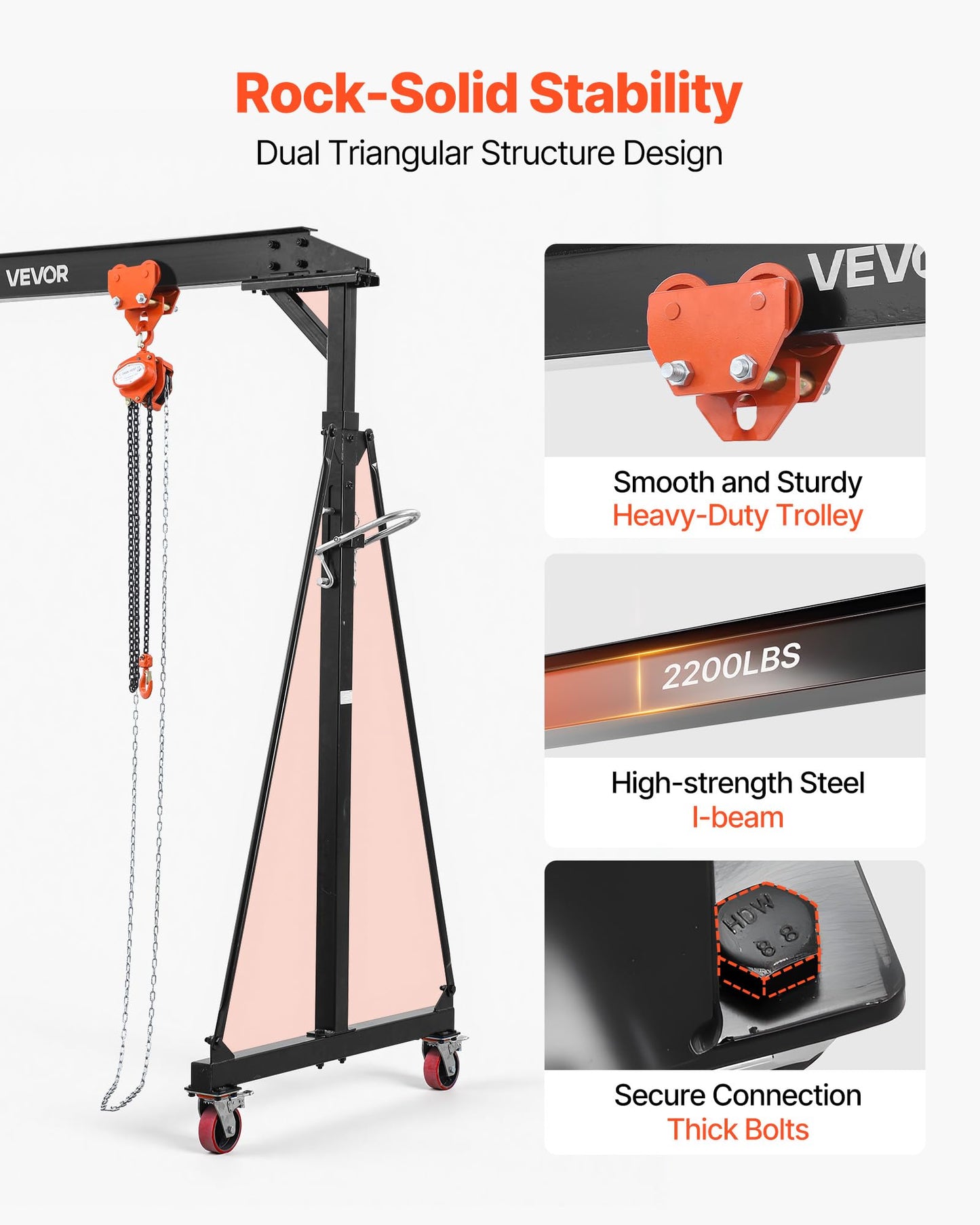 VEVOR Adjustable Gantry Crane, 2200 lbs Capacity, Portable Shop Lift Hoist with 95.7-142.9 in Height Adjustable, Manual Trolley, Hoist, Sling, Shackles, Hooks, for Garage Factory Warehouse Auto Repair