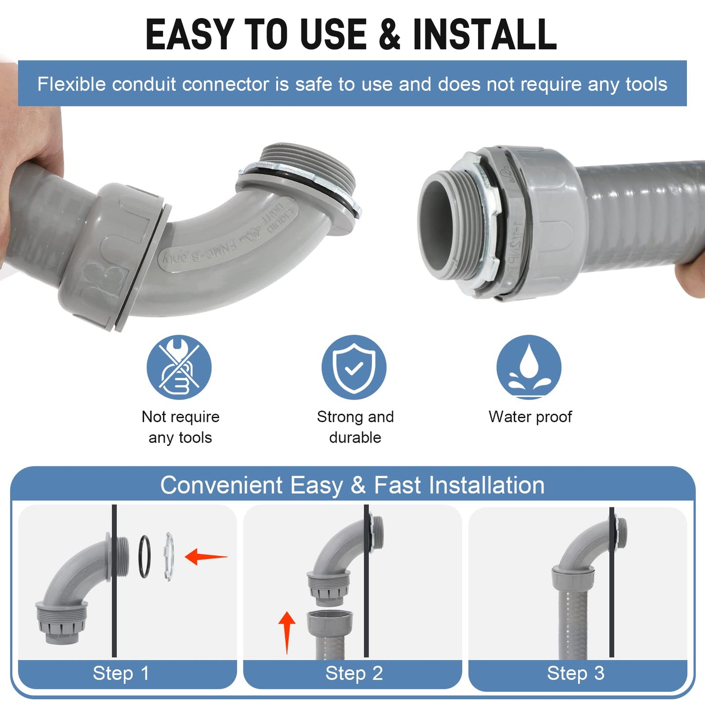 DWALE Liquid-Tight Conduit and Connector Kit,Flexible Non Metallic Liquid Tight Electrical Conduit,2inch 25ft Electrical Conduit Kit,with 4 Straight and 3 Angle Fittings Included,2 in. Dia
