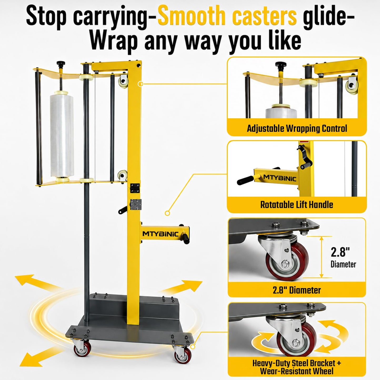 Heavy Duty Mobile Pallet Stretch Wrap Machine - Semi-Automatic Hand Push Trolley Wrapper with Adjustable Height (Up to 82"), Ergonomic Film Dispenser for Warehouse, Factory & Shipping Logistics
