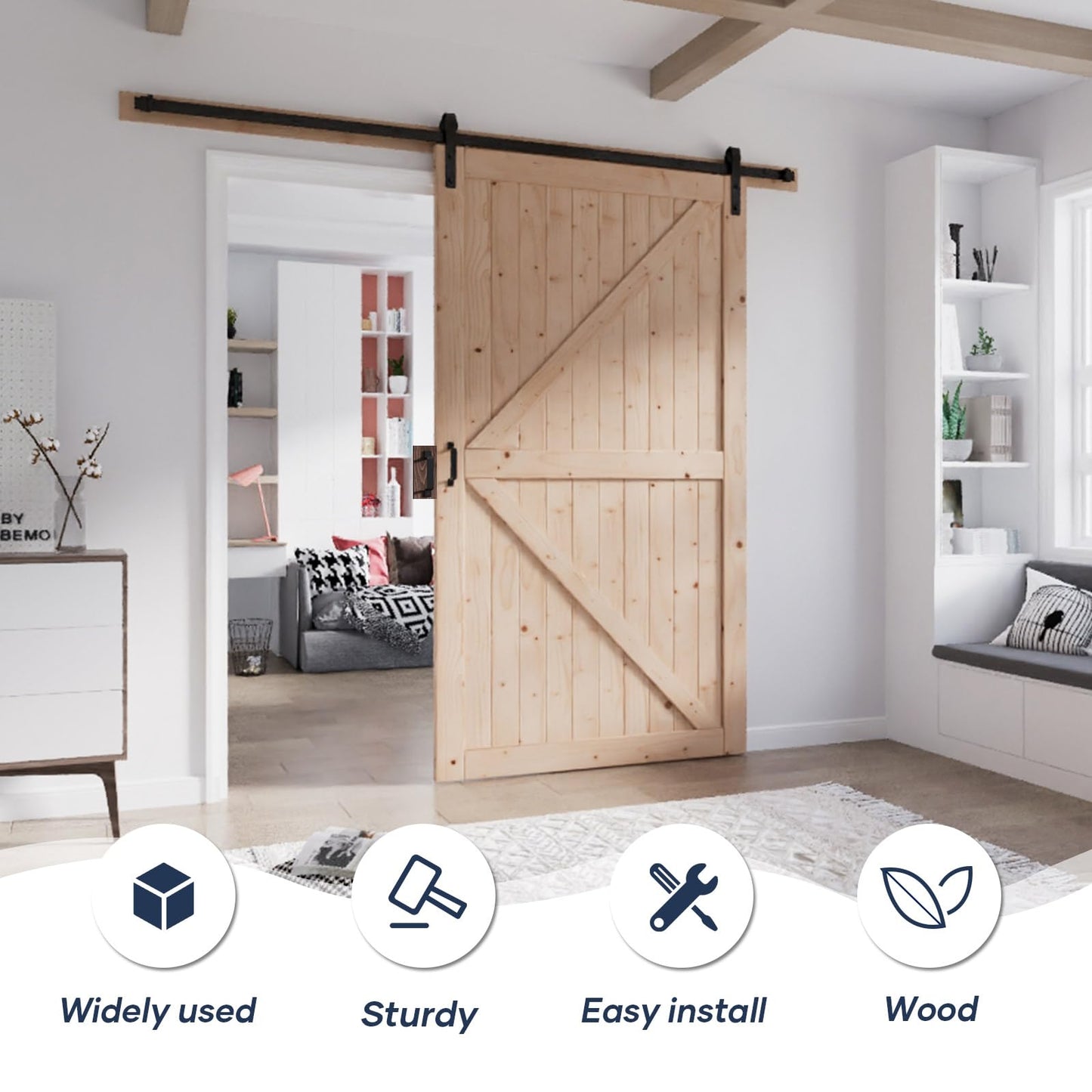 FREDBECK 54in x 96in Wood Barn Door with 9FT Barn Door Hardware Kit Included K Shape Solid Spruce Panel Need to Assembly