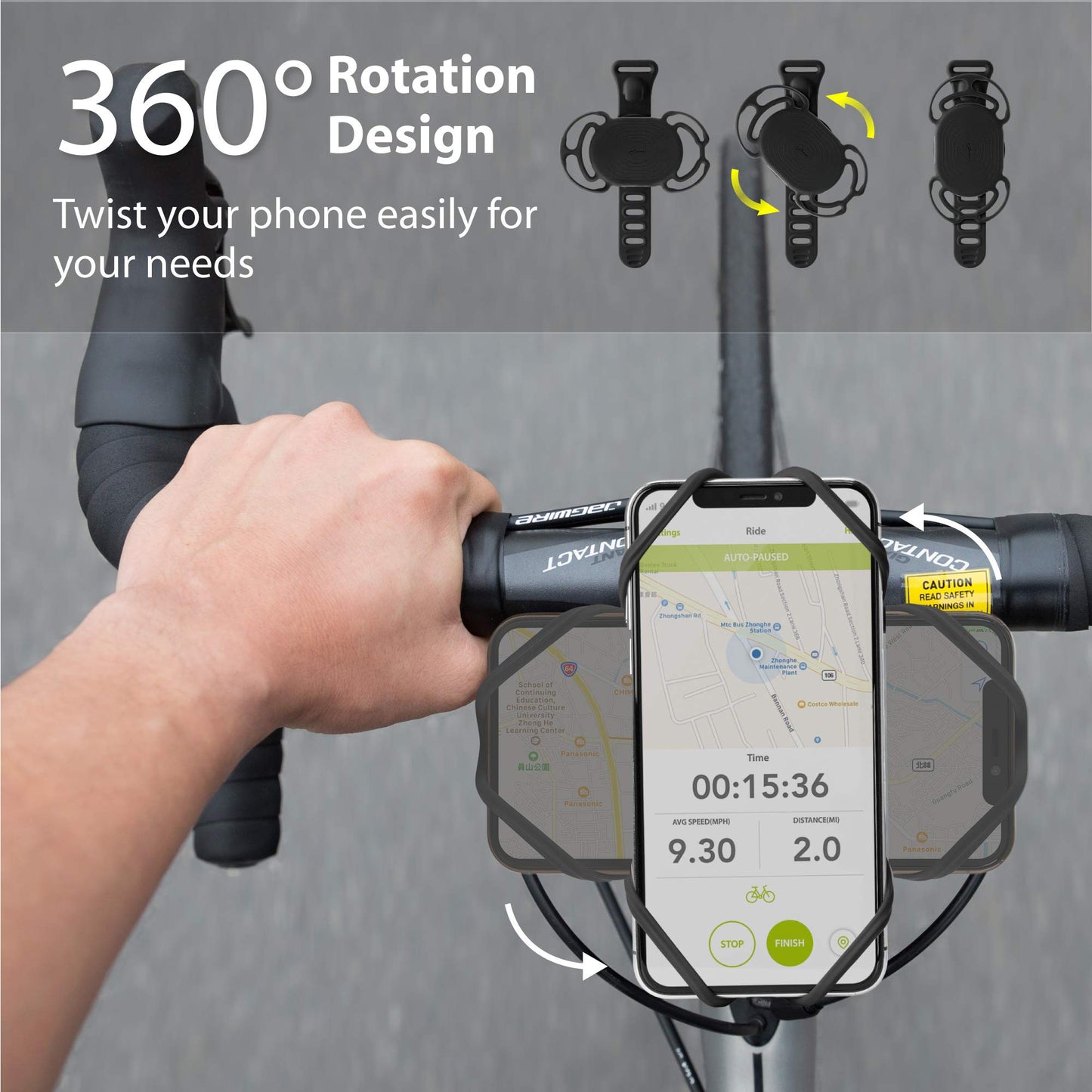 Bone Run + Bike Tie Connect Kit 1, 2-in-1 Running & Bike Phone Holder, Detachable & Rotatable 360° Sport Armband & Phone Mount Compatible with Most Smartphones (Stem/Armband 2-in-1 Connection Kit)
