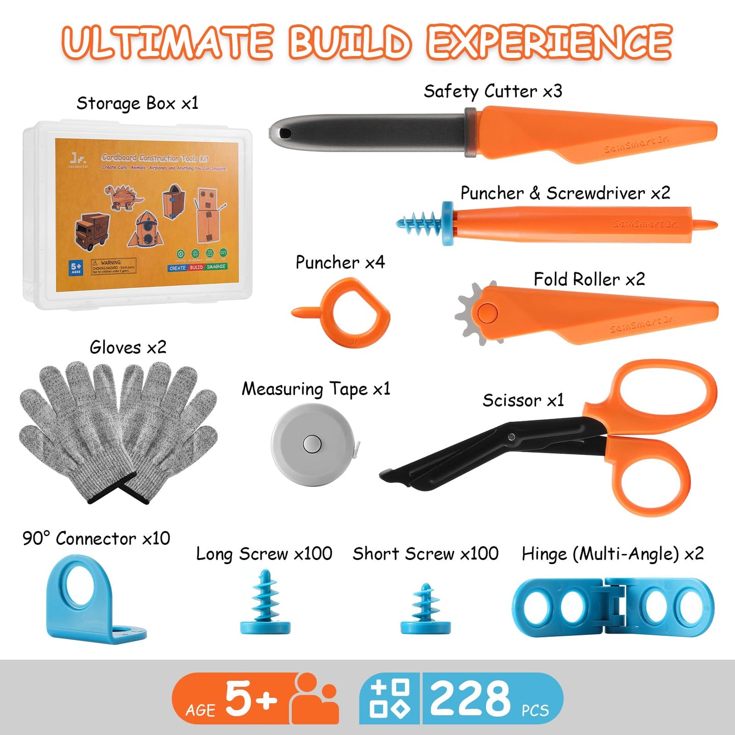 SainSmart Jr. 228 PCS Cardboard Construction Kit, Cardboard Tools for Kids STEM Projects, Classroom & Family DIY Activities | Reusable Cutting Tools with Safe Cutter, Tool Box & Tape Measure