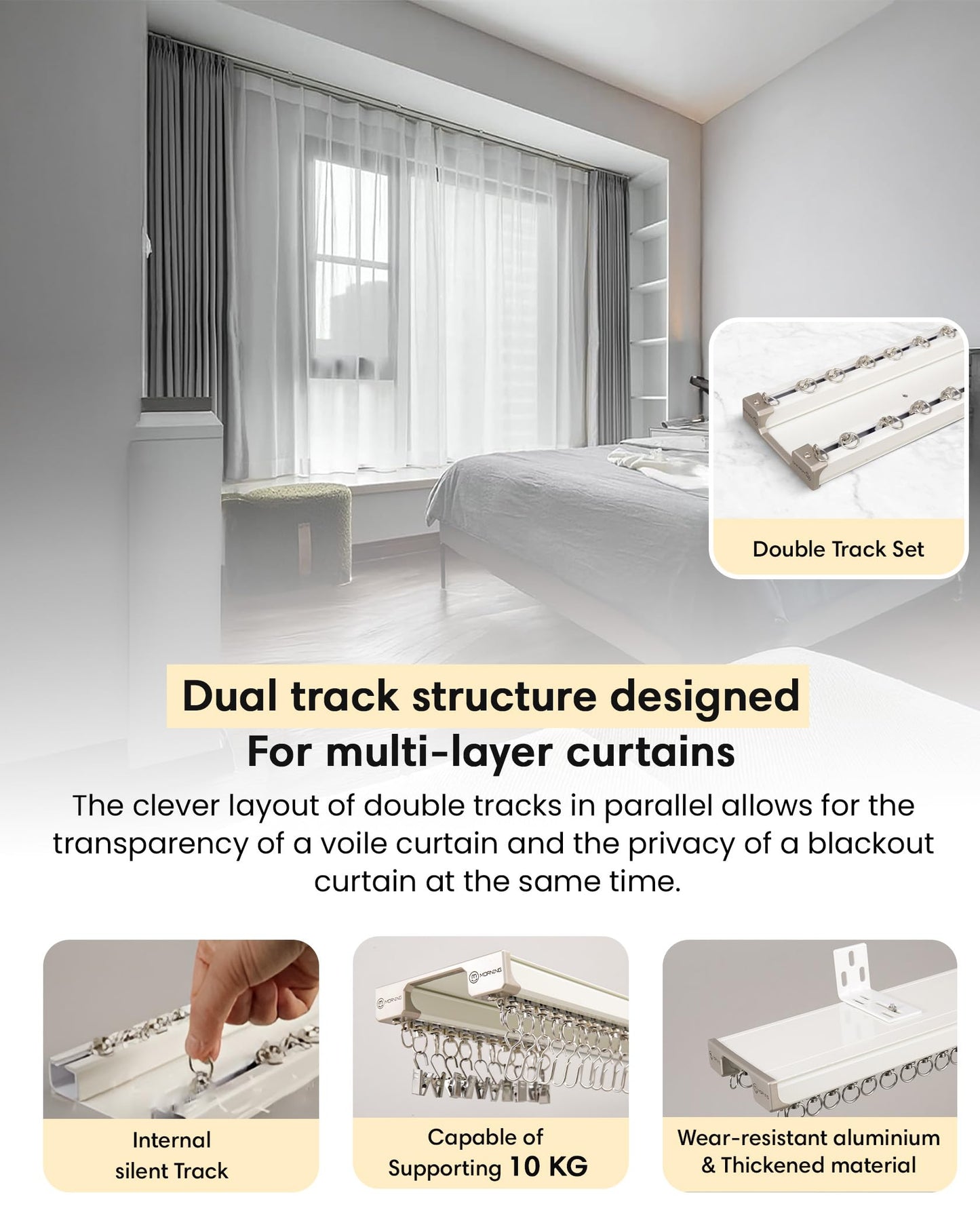 Ezcasch Ceiling Curtain Track Set - Dual Track Ceiling & Wall Mount 10ft-12ft, Heavy-Duty Double Track Rails with Silent Slides, Room Divider Double Track System, Includes Hooks/Clips/Brackets, White