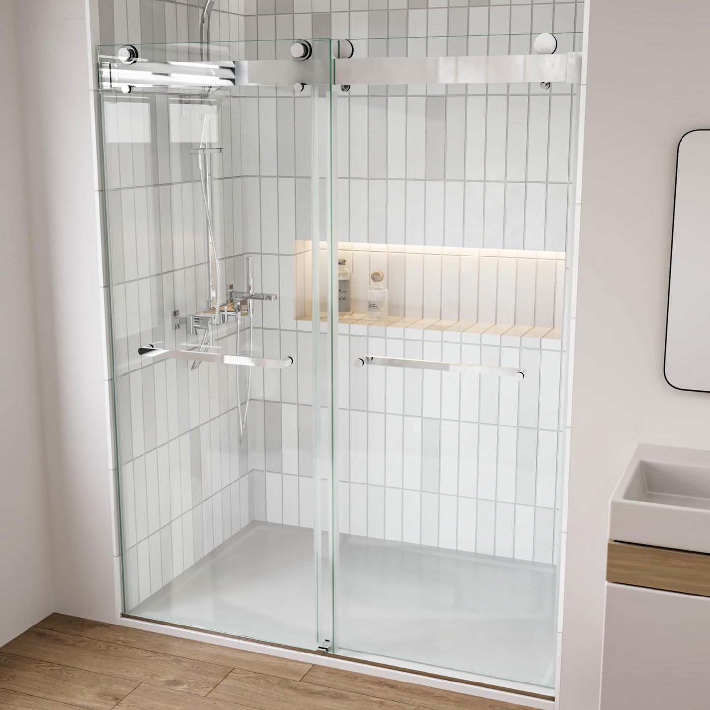 FEKEWIO Soft Close Shower Doors 56-60" W x 76" H Double Sliding 3/8"(10mm) Clear Tempered SGCC Shatterproof Glass Frameless Width Adjustable Easy Clean Stainless Steel Hardware, DS13- Brushed Nickel