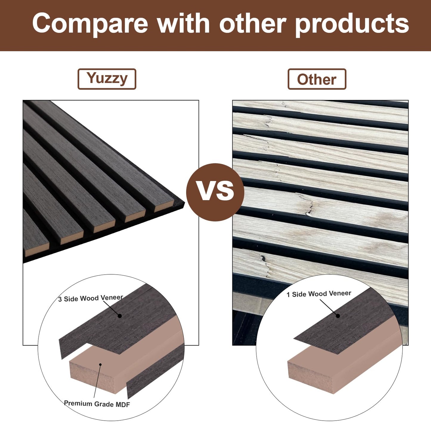 Yuzzy Wood Panels for Wall and Ceiling - 108 x 11 Inch Wood Slat Acoustic Panels 4 PCS - Modern Sound Absorbing Wall Panels for Interior Wall Decor for Home, Office, Studio - Rustic Black Oak