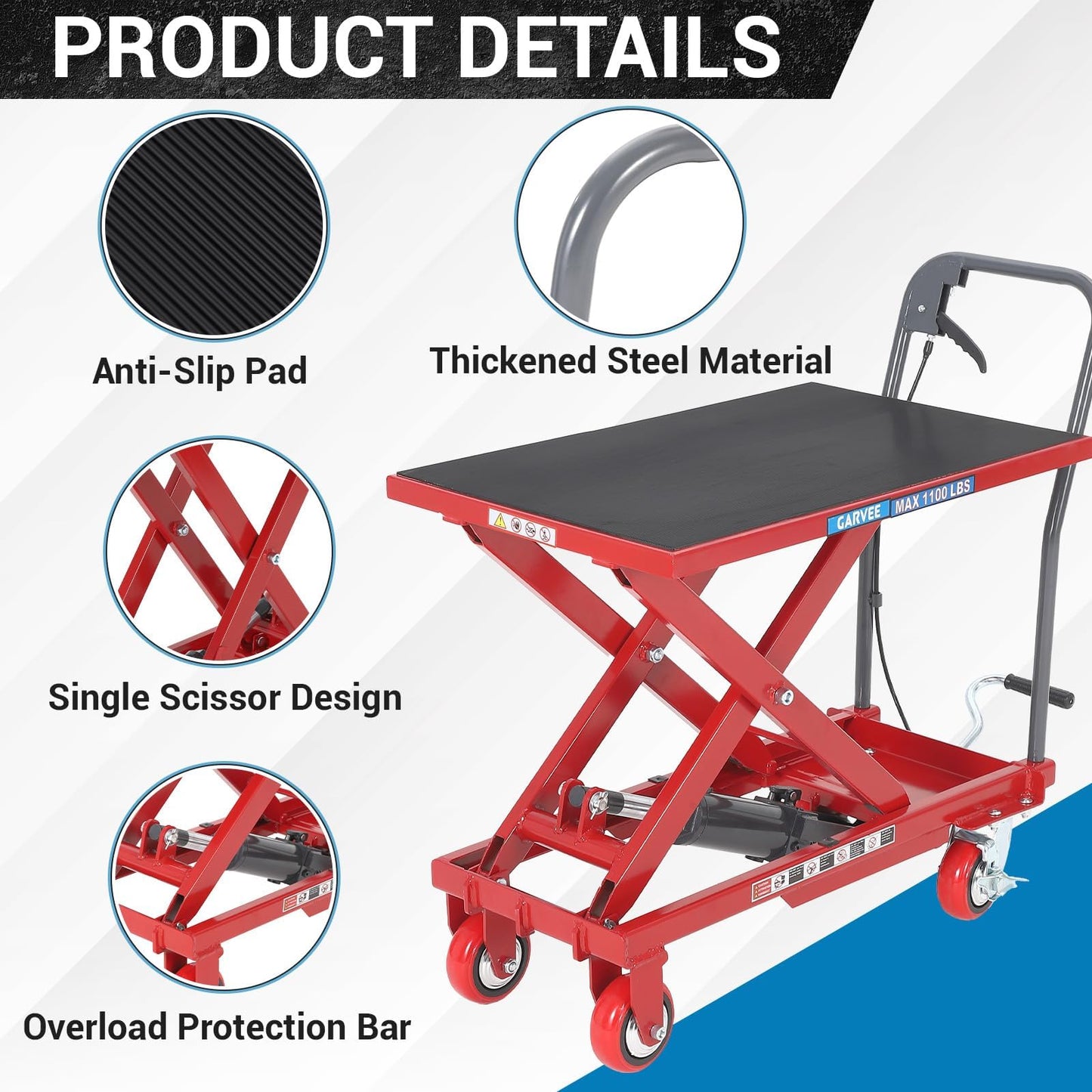 Garvee Hydraulic Lift Table Cart, 330 LBS Capacity 28.5 in Lifting Height, Single Scissor Lift Table with 4 Wheels and Non-Slip Pad for Material Handling and Transportation, Red