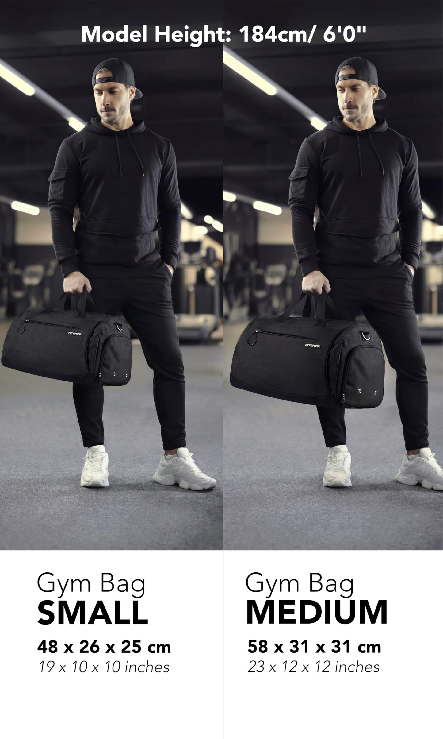 Fitgriff® Gym Bag for Men & Women with Shoe & Wet Compartment - Duffle Bag for Travel, Sports, Fitness & Workout (Full Black, 19 x 10 x 10″ (Small))