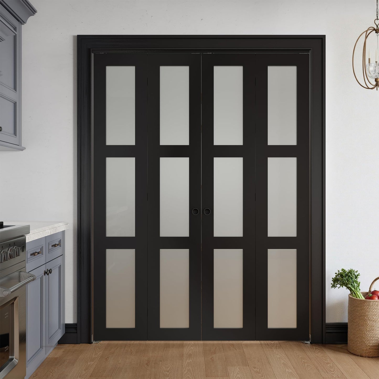 COSHOMER Bifold Doors for 60" x 80" Opening, 3-lite Tempered Frosted Glass Closet Folding Doors with Hardware kit Included, Easy Assembly, Black