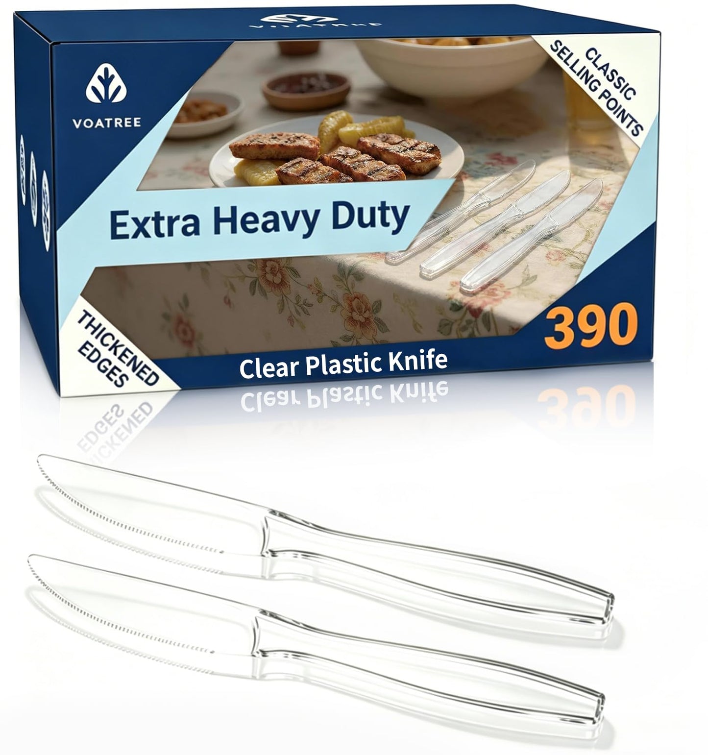 Voatree 390 Count Heavy Duty Clear Plastic Knives,Premium Disposable Knives Bulk,BPA-Free,Heat Resistant,Solid and Durable Clear Knives for Everyday Use,Party Supply,Wedding