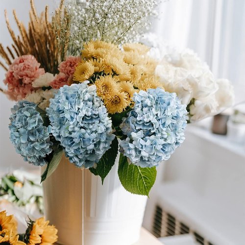 Kisflower Blue Hydrangea Artificial Flowers - 6 Pcs Faux Silk Hydrangeas for Home & Wedding Decor