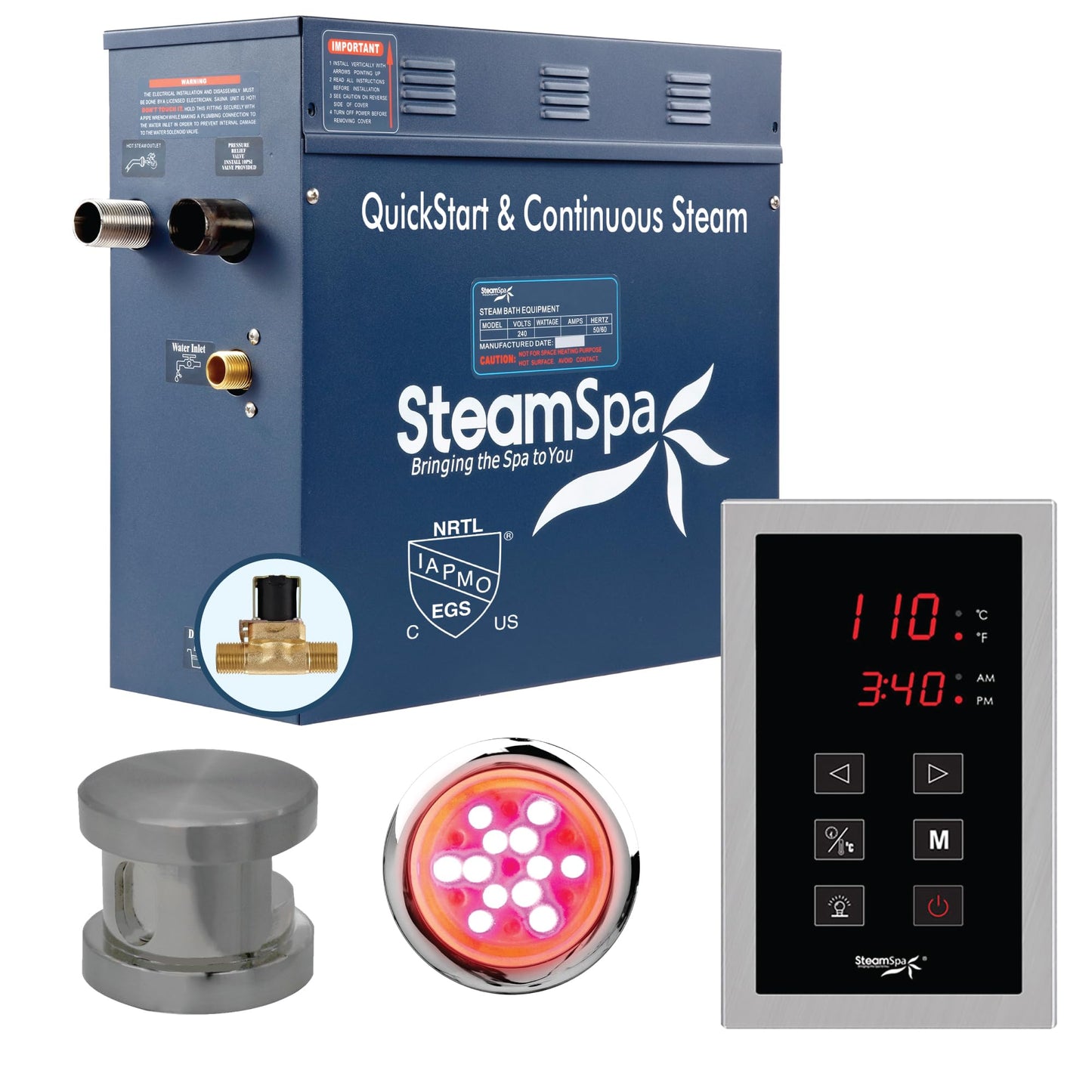 STEAMSPA 9kW Steam Sauna Generator Sentry Series 240V Steam Generator with Touch Screen, Steamhead, Built-in Steam Shower Auto Drain, ACU Quickstart Steam Bath Generator