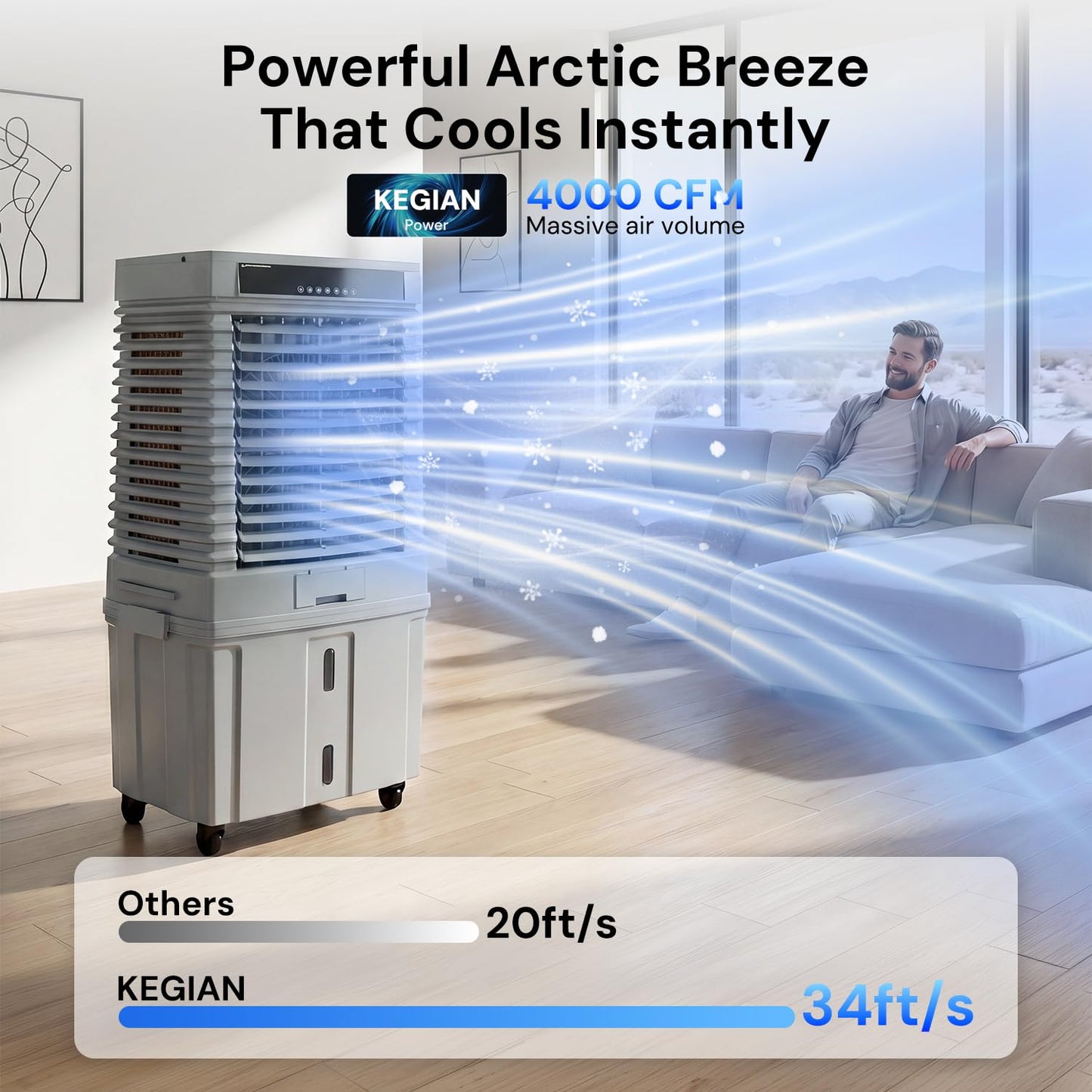 KEGIAN 4000 CFM Swamp Cooler, 41" Portable Evaporative Air Cooler w/ 13.5Gal Detachable Tank,120° Oscillation, Timer, Ambient Light, Remote, Energy Efficient Outdoor Air Conditioner for Patio, Garage
