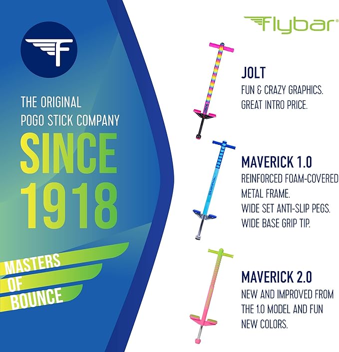 Flybar Maverick Pogo Stick for Kids Ages 5+, 40 to 80 Pounds, Perfect for Beginners, Easy Grip Handles, Anti-Slip Pegs, Outdoor Jumper Toys for Boys & Girls, Outside Toys for Kids