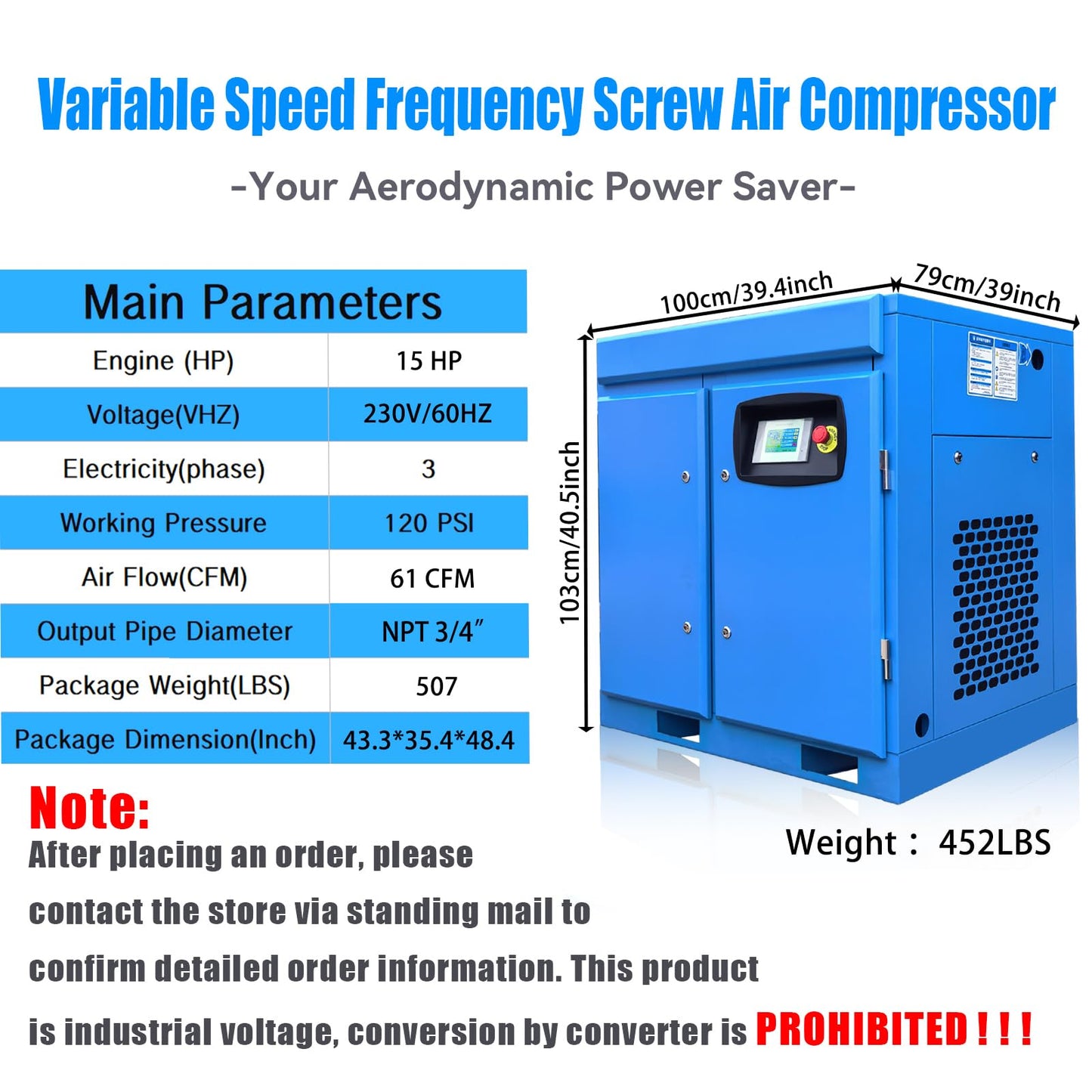 15HP Air Compressor 230V 60Hz 3-Phase 61cfm Max Pressure 120 PSI 11KW Variable Speed Frequency Rotary Screw Air Compressor Commercial Air Compressed System