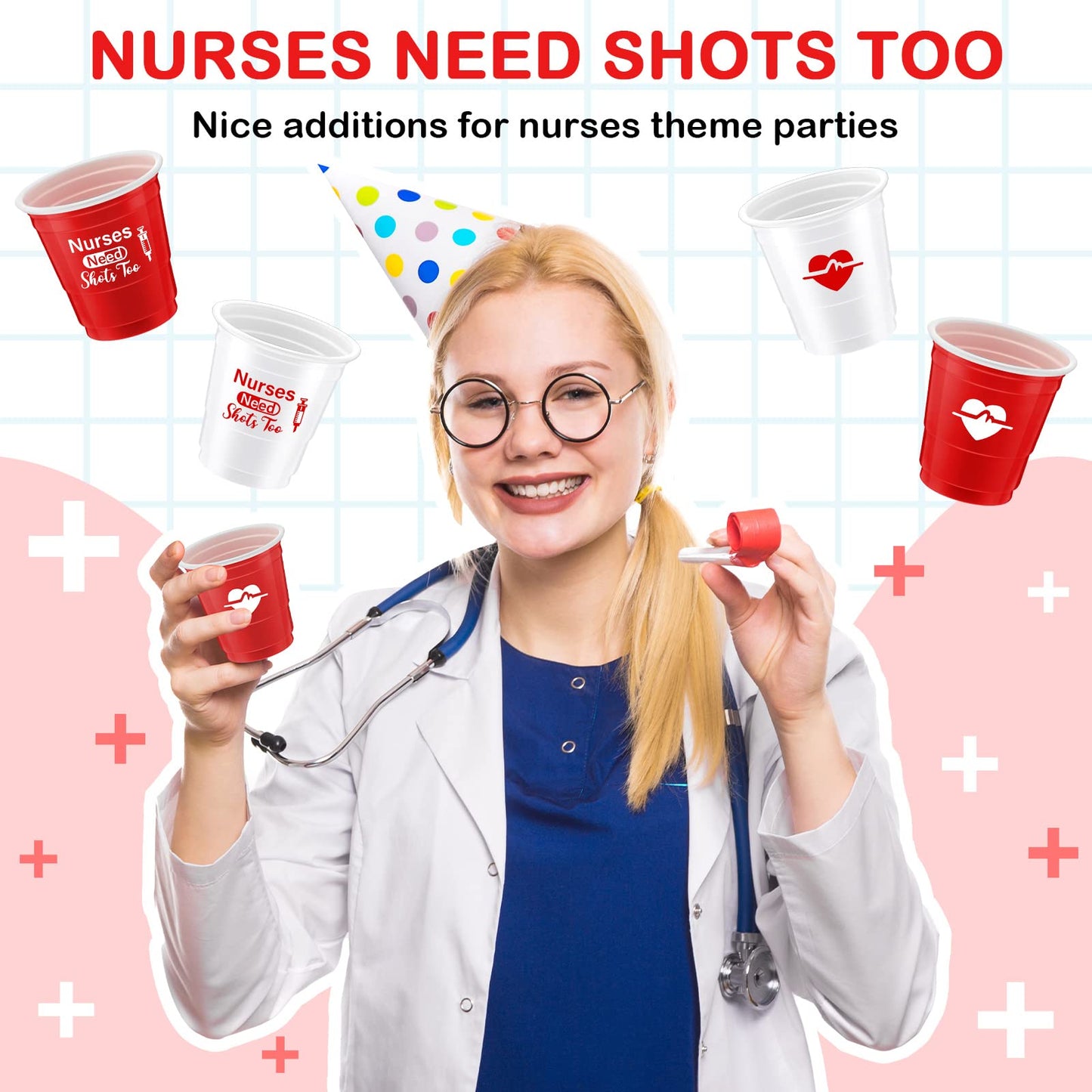 Lounsweer 100 Pcs Nurses Need Shots Too Mini Plastic Shot Glasses Nurse's Day 2 oz Small Plastic Cups Disposable Shot Cups for Nurse Birthday School Graduation Party Favors, Red, White