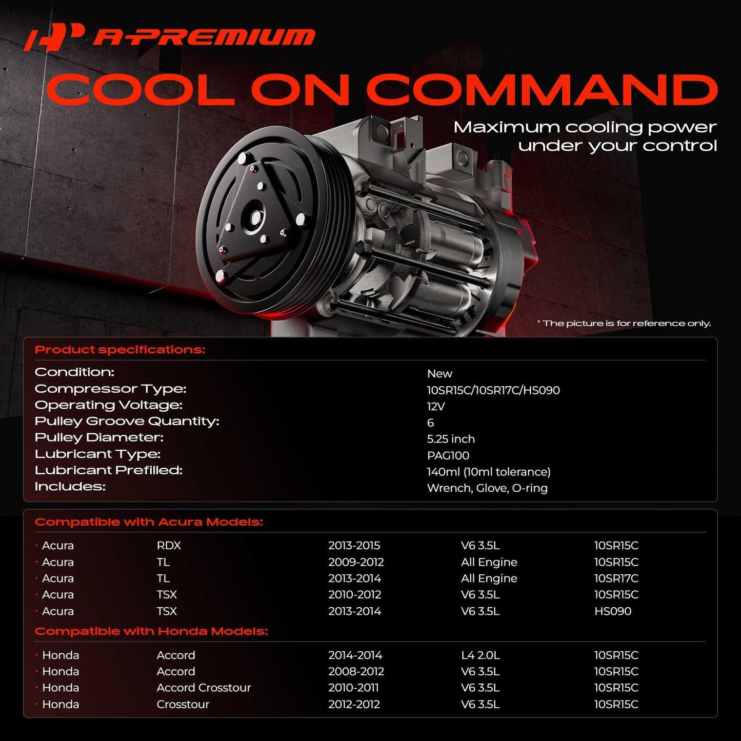 A-Premium Air Conditioner AC Compressor with A/C Clutch Compatible with Acura TL 2009-2014, TSX 2010-2014, RDX 2013-2015 & Honda Accord 3.5L 2008-2012, Accord 2.0L 2014, Crosstour 3.5L 2012