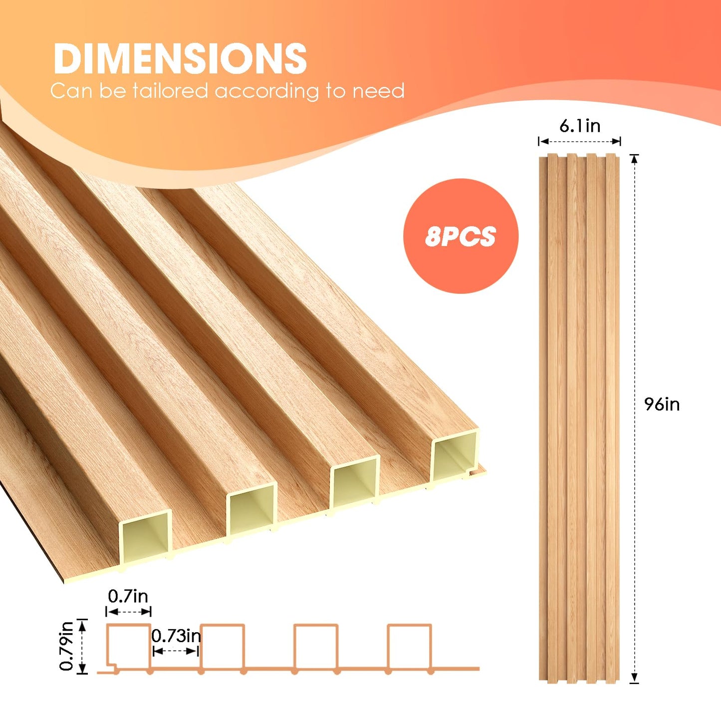 OUZUGIE WPC Acoustic Slat Wall Paneling, 8-Pack 96 x 6 Inches 3D Wall Panels for Interior Wall Decor,Living Room,TV Background,Study Room,Office Spaces,Bedroom,High Grille (Oak)