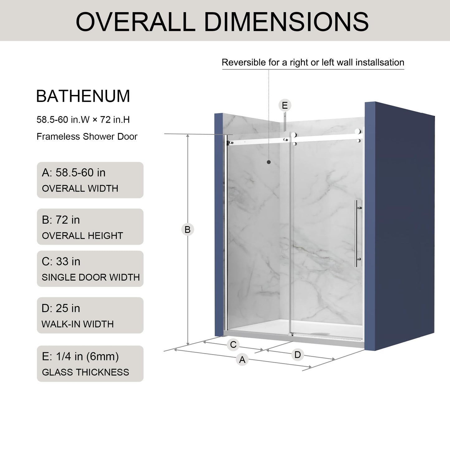 Bathenum Frameless Sliding Shower Door, 1/4 inch (6mm) Thick Clear Tempered Glass Shower Door with Zinc Roller Silent Slide System, Stainless Steel Handle (Chrome, 60" x 72")